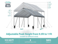 Sannwsg 10 * 20 Heavy Duty Carport Canopy Extra Large Portable Car Tent Garage With Adjustable Peak Height From 9.5Ft To 11Ft,Removable Roof &Side Walls For Car, Suv,Boats Gray Rectangular None Garden & Outdoor Water Resistant Carports Metal