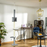 Pawhut 85.5" Cat Tree Height Adjustable Floor To Ceiling 4 Tier Kitty Climbing Activity Center Condo Cat Toy With Scratching Post Hanging Balls Play Rest Post Pet Furniture Grey Light Grey Particle Board