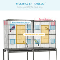Pawhut 65" Double Rolling Metal Bird Cage Feeder With Detachable Rolling Stand, Storage Shelf, Wood Perch & Food Container Multicolor Wood
