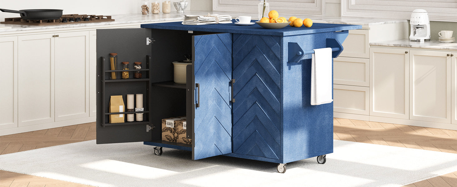 K&K 51.2"W 3D Wave Stripes Ash Veneer Not Cheap Paper Kitchen Island With Drop Leaf, Farmhouse Kitchen Island On Wheels With Internal Storage Rack, Rolling Kitchen Cart Navy Blue Navy Blue Nature