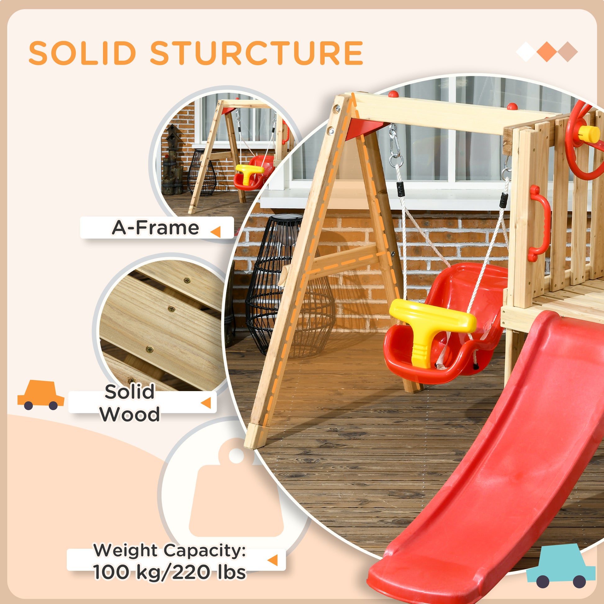 Outsunny 4 In 1 Wooden Swing Set Outdoor Playset With Baby Swing Seat, Toddler Slide, Captain'S Wheel, Horn, Kids Backyard Playground Equipment, Ages 1.5 4 Red Wood