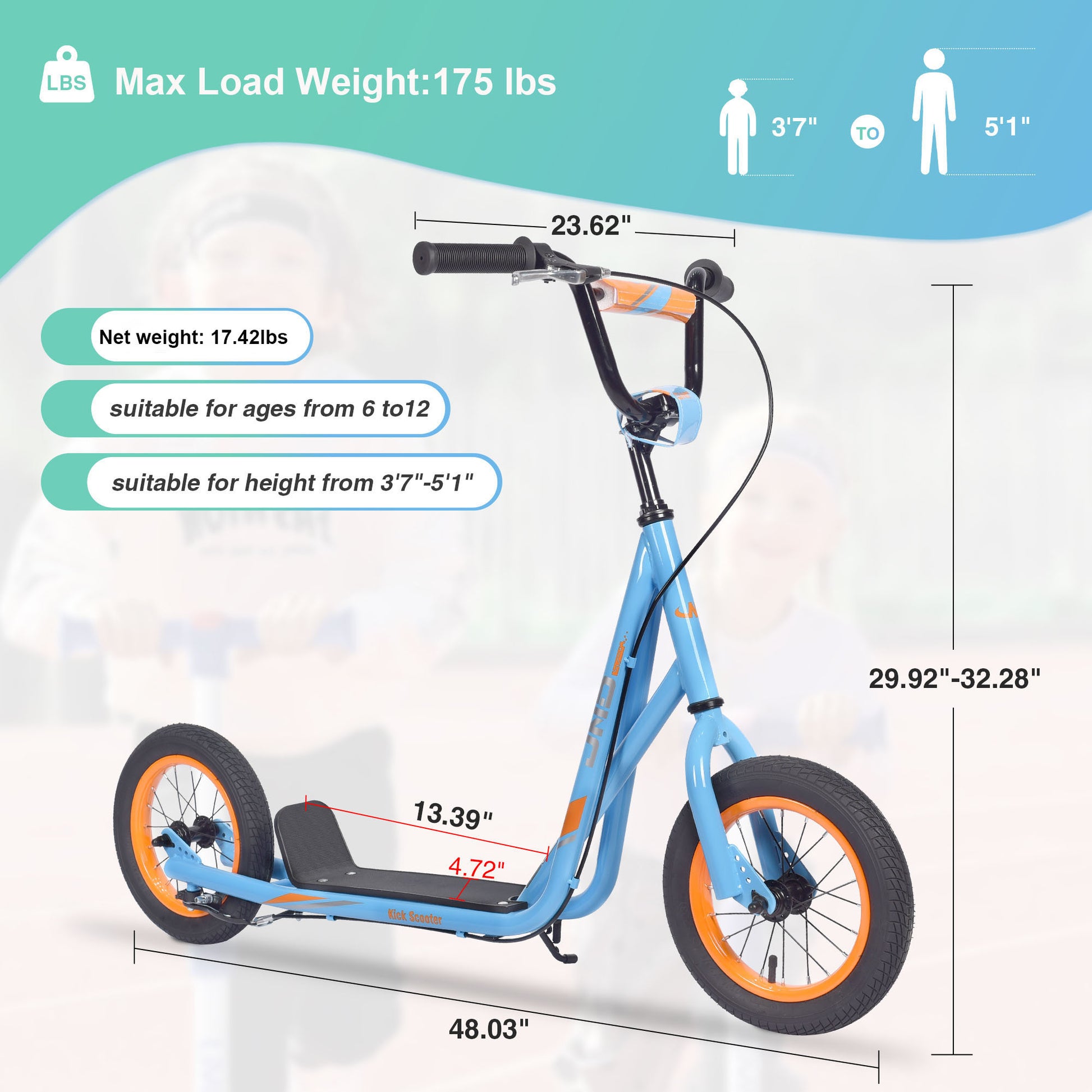 Youth Scooter Kick Scooter For Kids 6 With Adjustable Handlebar, 12 Inch Inflatable Wheels ,Widened Non Slip Footboard Cycling Blue Garden & Outdoor Steel