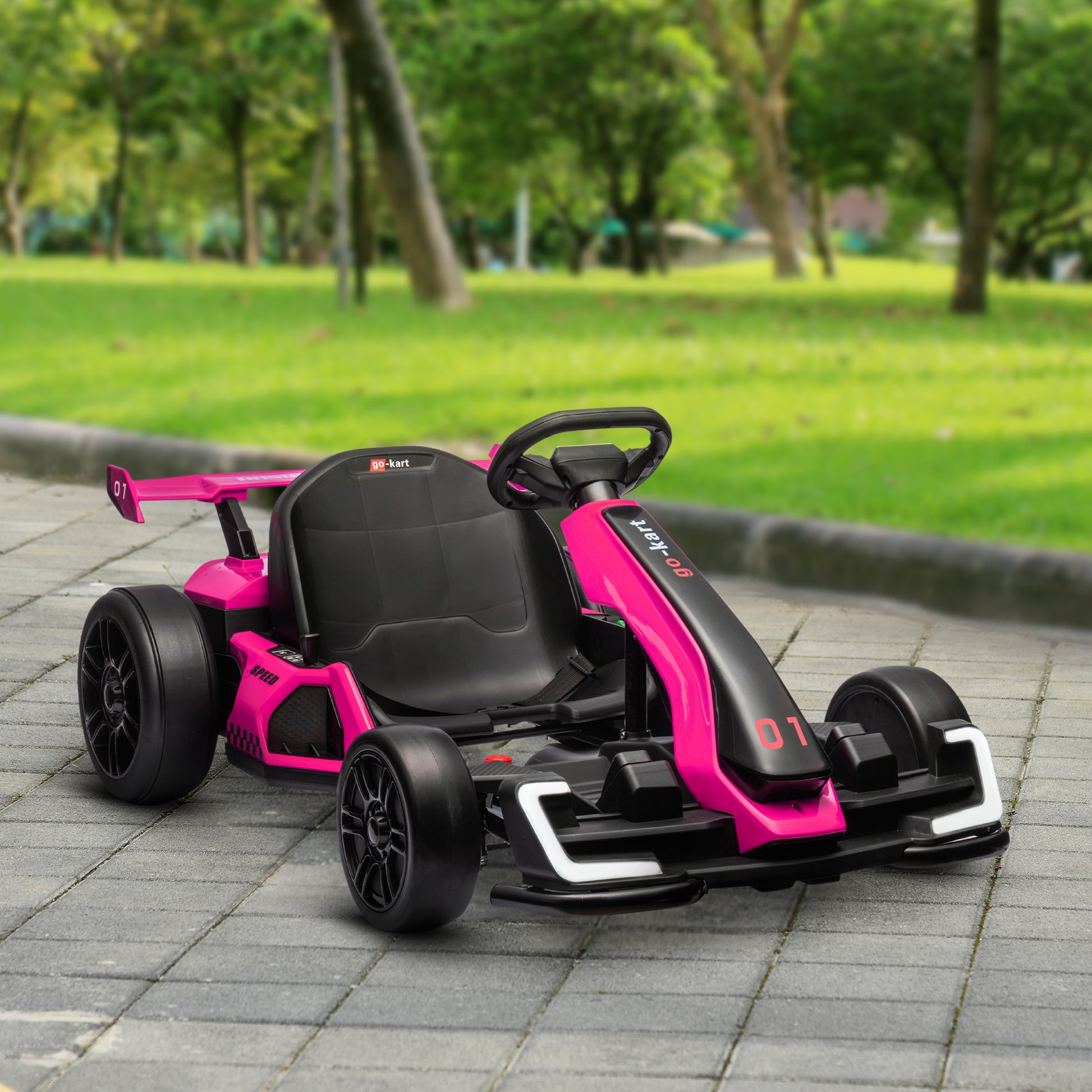 Aosom 24V 7.5 Mph Electric Go Kart With Adjustable Seat, Drifting Car Battery Powered Ride On Toy Outdoor With Slow Start, Button Start, Music, Honking Horn, Lights, For 6 12 Years Old, Pink Pink Plastic