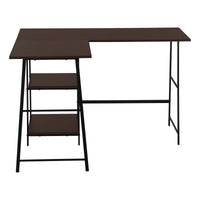 Computer Desk, Home Office, Corner, Storage Shelves, 48"L, L Shape, Work, Laptop, Brown Laminate, Black Metal, Contemporary, Modern Espresso Metal