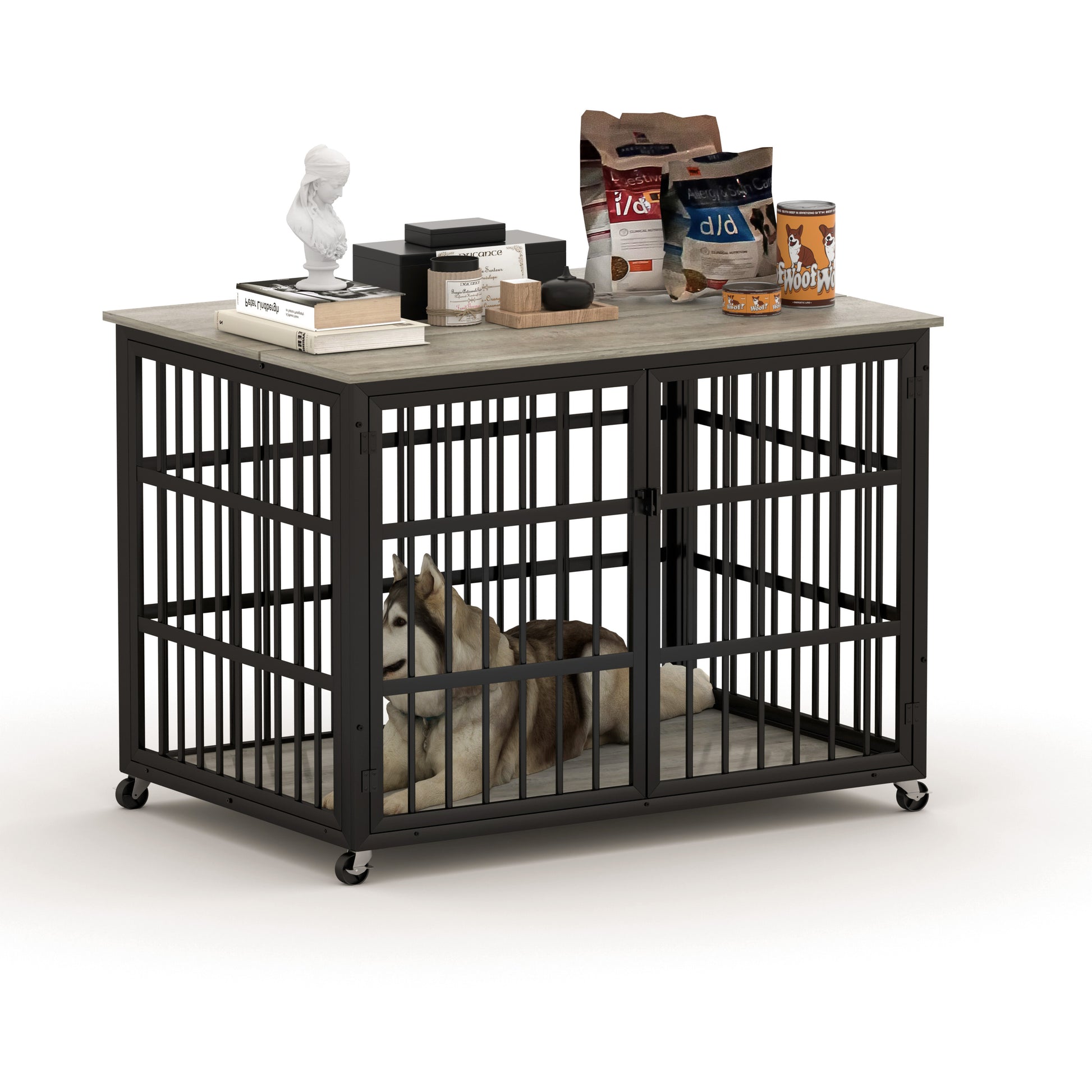 Furniture Style Dog Crate Wrought Iron Frame Door With Side Openings, Grey, 43.3''W X 29.9''D X 33.5''H. Grey Particle Board