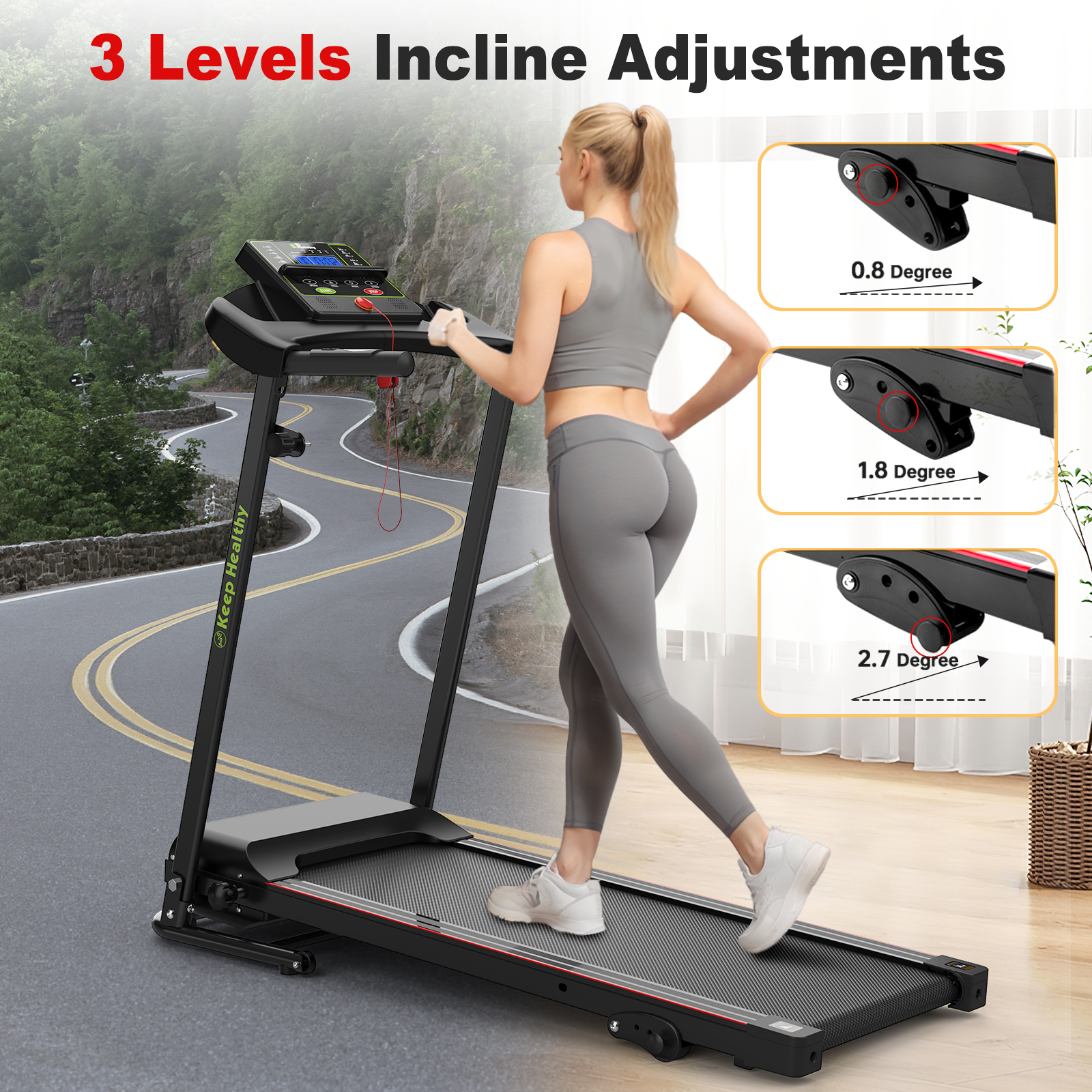 Folding Treadmill With Incline 2.5Hp 12Km H Electric Treadmill For Home Foldable, Bluetooth Music Cup Holder Heart Rate Sensor Walking Running Machine For Indoor Home Gym Exercise Fitness Black Stainless Steel