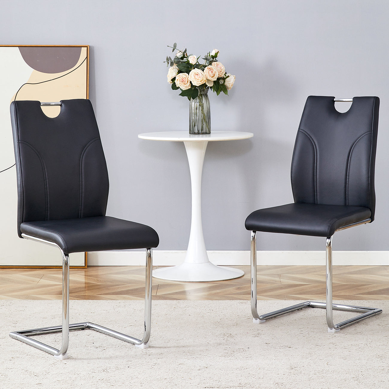 Black Pu Dining Chair Set.Uniquely Designed Black Dining Chairs. Pu Material, Paired With Silver Metal Chair Legs. Suitable For Offices, Restaurants, Kitchens, Conference Rooms, Etc. Set Of 2 Black