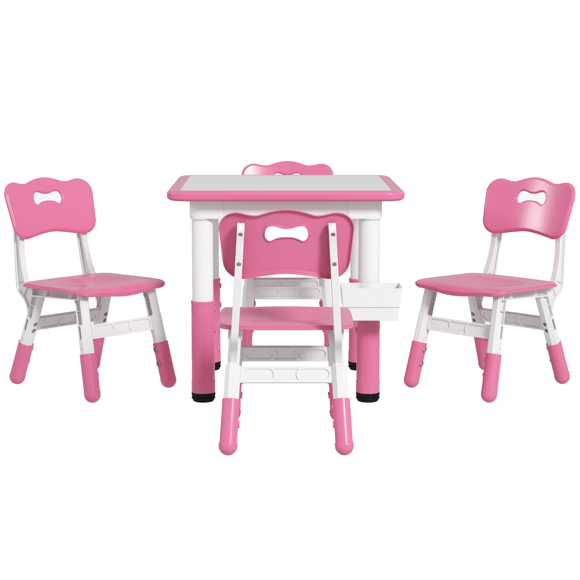 Qaba Kids Table And Chair Set, Height Adjustable 5 Piece Toddler Table And Chair Set With Storage Box, Easy To Wipe Activity Table With 4 Chairs For Ages 18 Months 5 Years, Pink Pink Mdf Metal