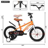 A16114 Kids Bike 16 Inch For Boys & Girls With Training Wheels, Freestyle Kids' Bicycle With Fender. Orange Steel