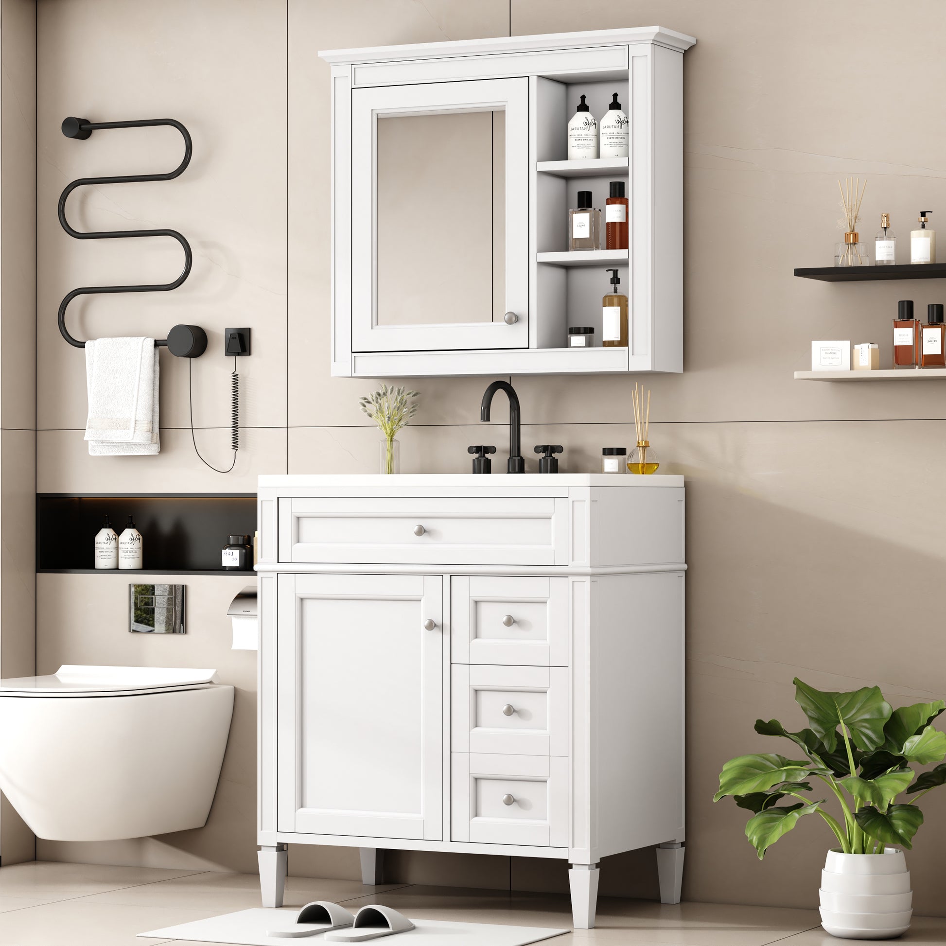 30'' Bathroom Vanity With Top Sink, Modern Bathroom Storage Cabinet With 2 Drawers And A Tip Out Drawer, Freestanding Vanity Set With Mirror Cabinet, Single Sink Bathroom Vanity 3 White Bathroom Solid Wood Mdf Resin Painted