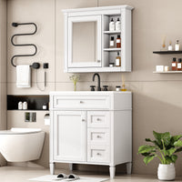 30'' Bathroom Vanity With Top Sink, Modern Bathroom Storage Cabinet With 2 Drawers And A Tip Out Drawer, Freestanding Vanity Set With Mirror Cabinet, Single Sink Bathroom Vanity 3 White Bathroom Solid Wood Mdf Resin Painted