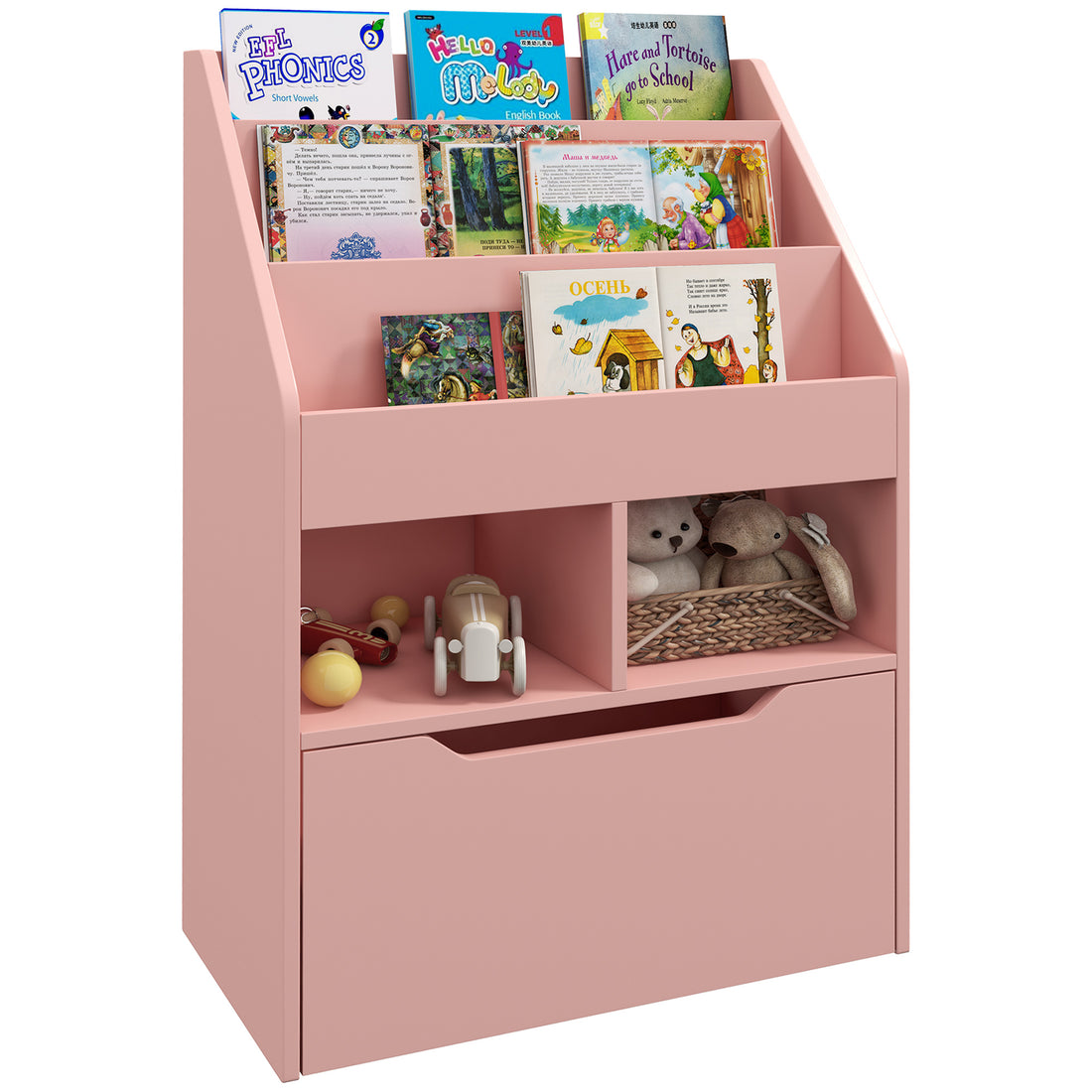 Homcom Kids Bookcase Multi Shelf Rack Organizer With Storage Drawer For Books, Playroom, Pink Pink Mdf