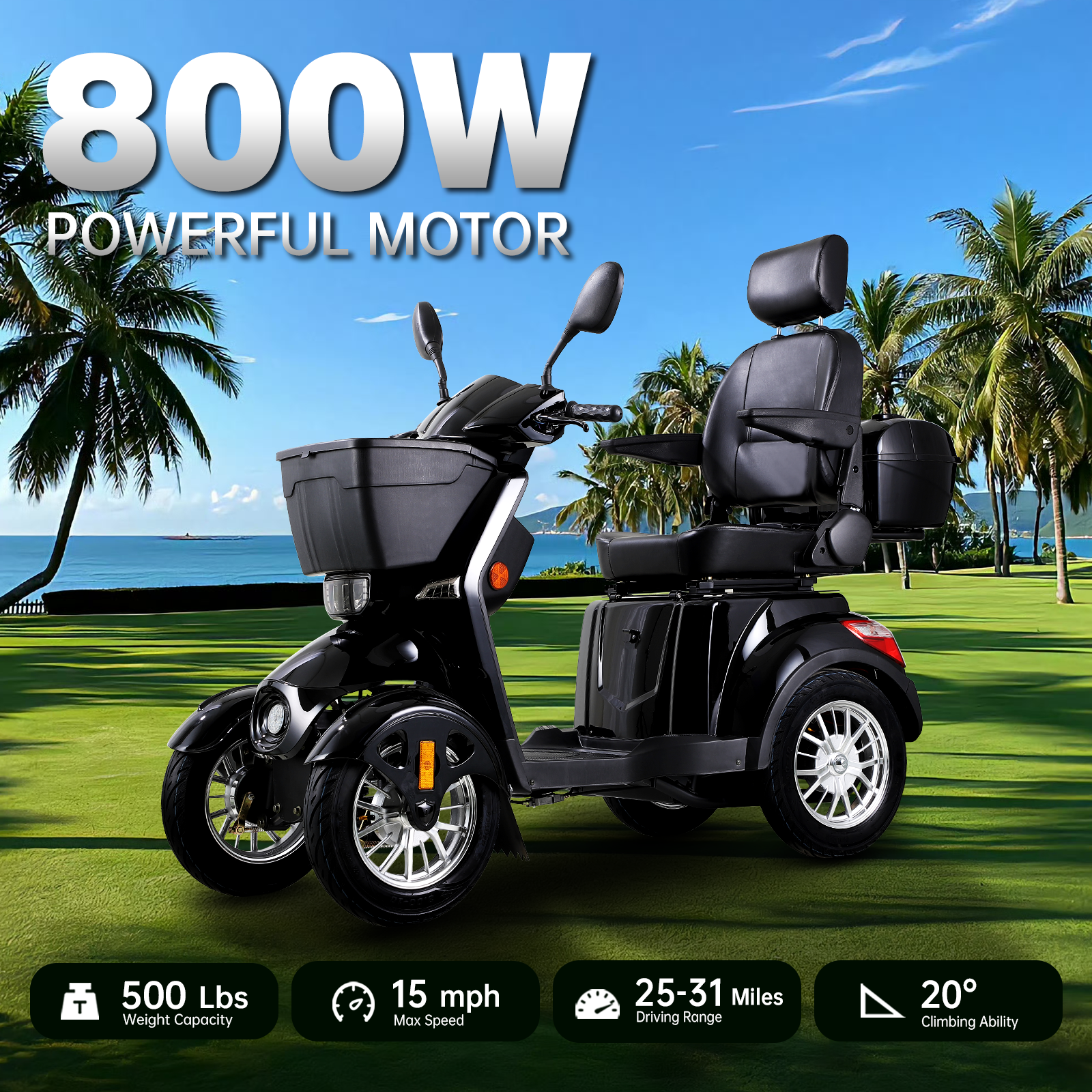 Xl3D4L Electric Mobility Recreational Travel Scooter For Adults,Mobility Scooters For Seniors, 4 Wheel Powered Mobility Scooters Black Abs Pc Abs Pc