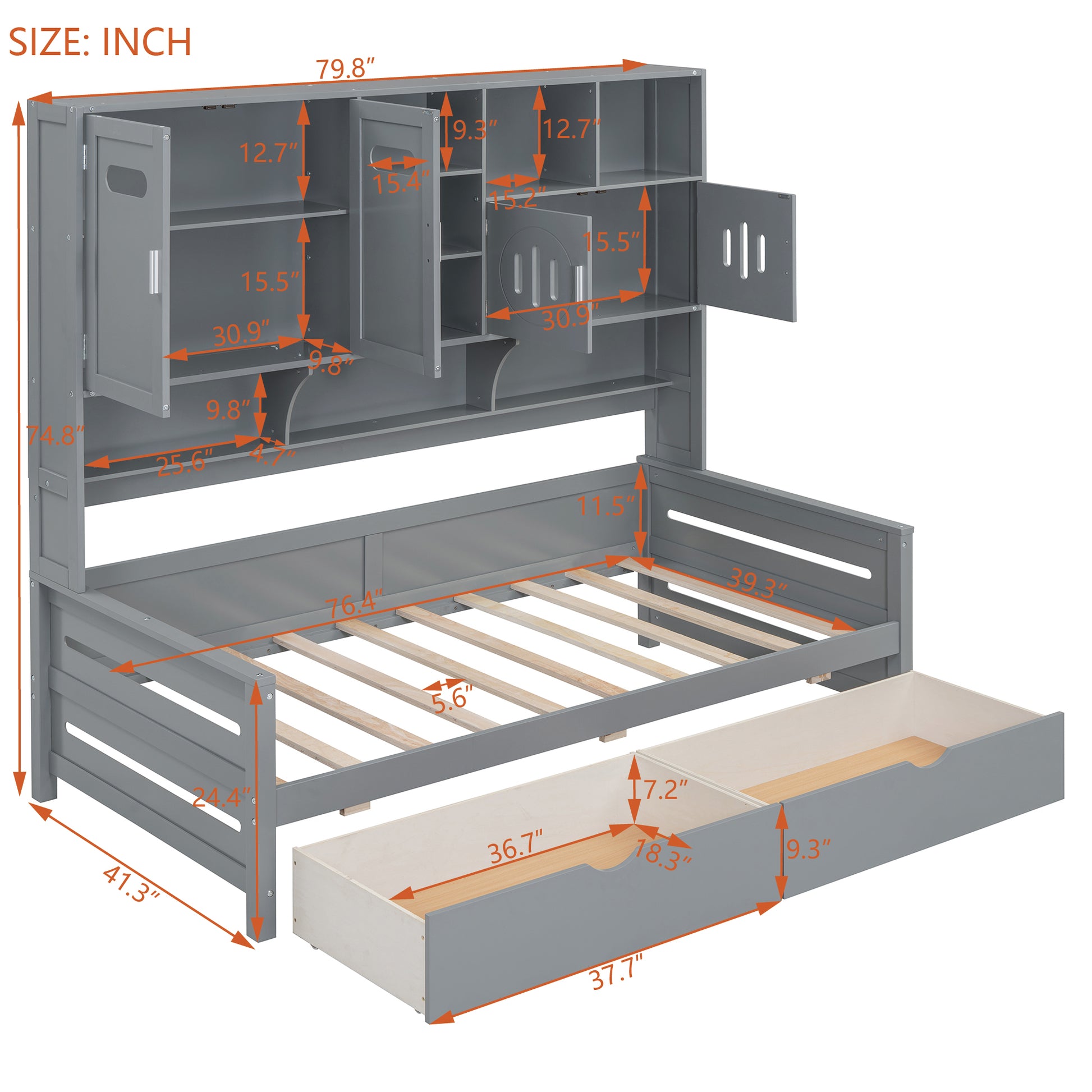 Twin Size Wooden Daybed With 2 Drawers, And All In One Cabinet And Shelf, Gray Twin Gray Wood