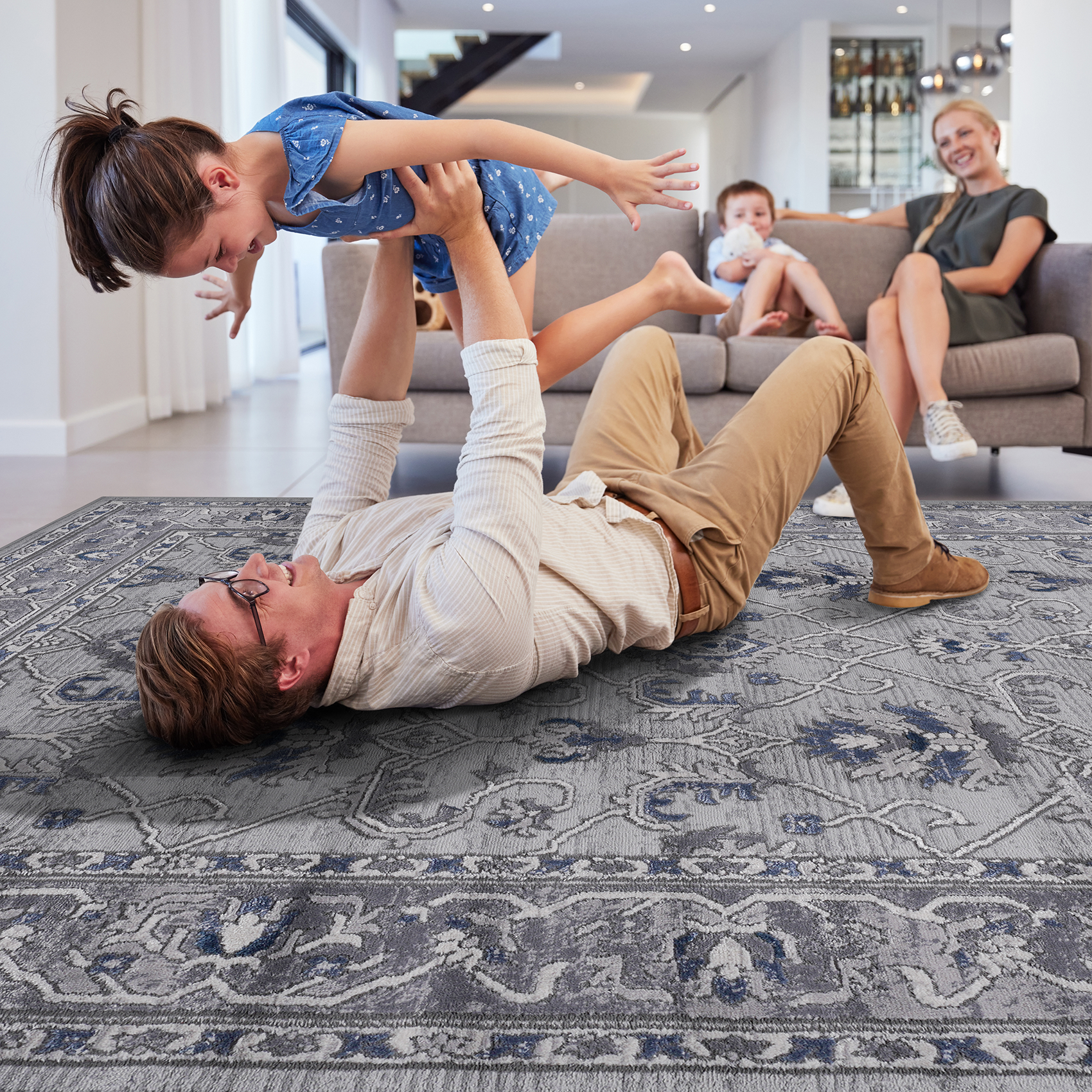 8X10 Grey Blue Oriental Non Shedding Living Room Bedroom Dining Home Office Stylish And Stain Resistant Area Rug Grey Blue Polyester