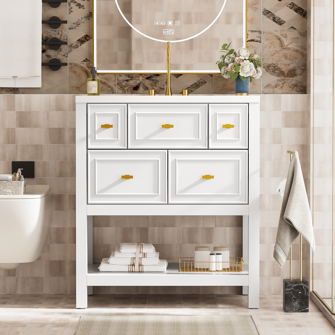 30'' Bathroom Vanity With Resin Sink Combo, Free Standing Single Vanity Set With 5 Drawers, Solid Wood Frame Bathroom Storage Cabinet, White 4 White 1 Bathroom Freestanding Modern Solid Wood Mdf Resin Painted