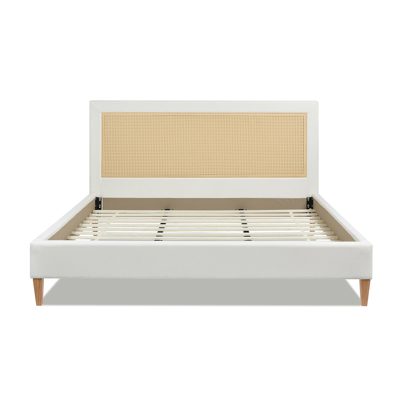 Haley Upholstered Cane Back Platform Bed, Queen, Antique White Polyester Box Spring Not Required Queen Antique White Wood Foam Polyester Polyester