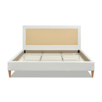 Haley Upholstered Cane Back Platform Bed, Queen, Antique White Polyester Box Spring Not Required Queen Antique White Wood Foam Polyester Polyester