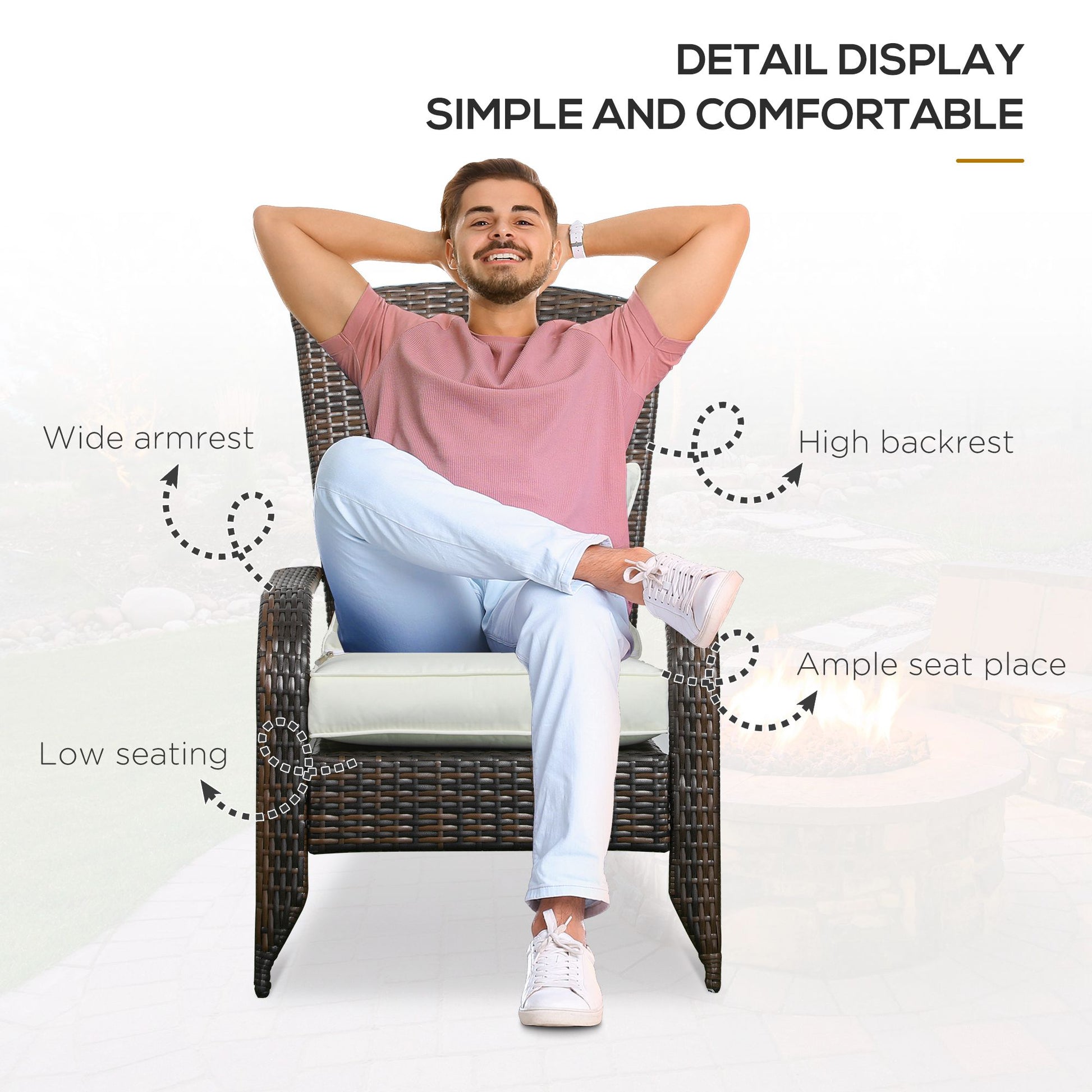 Outsunny Patio Wicker Adirondack Chair, Outdoor All Weather Rattan Fire Pit Chair W Soft Cushions, Tall Curved Backrest And Comfortable Armrests For Deck Or Garden, Cream White White Steel