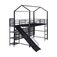 Twin Size House Metal Loft Bed With Iron Mesh Shelves And Slide,Black Black Metal