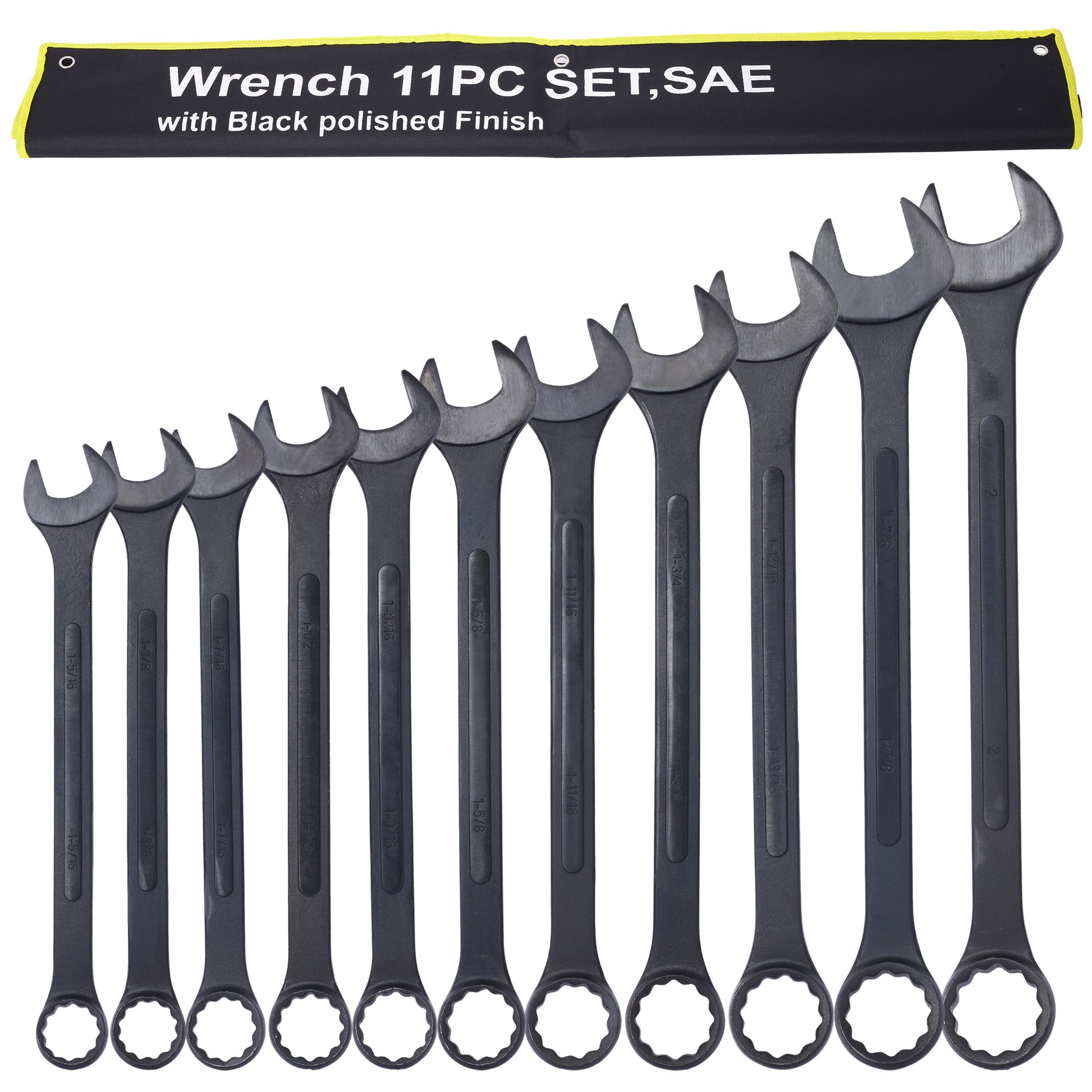 Jumbo Combination Wrench Set Extra Large, Sae, 11 Piece, 1 5 16'' To 2'',Black Oxide, With Pouch Black Carbon Steel