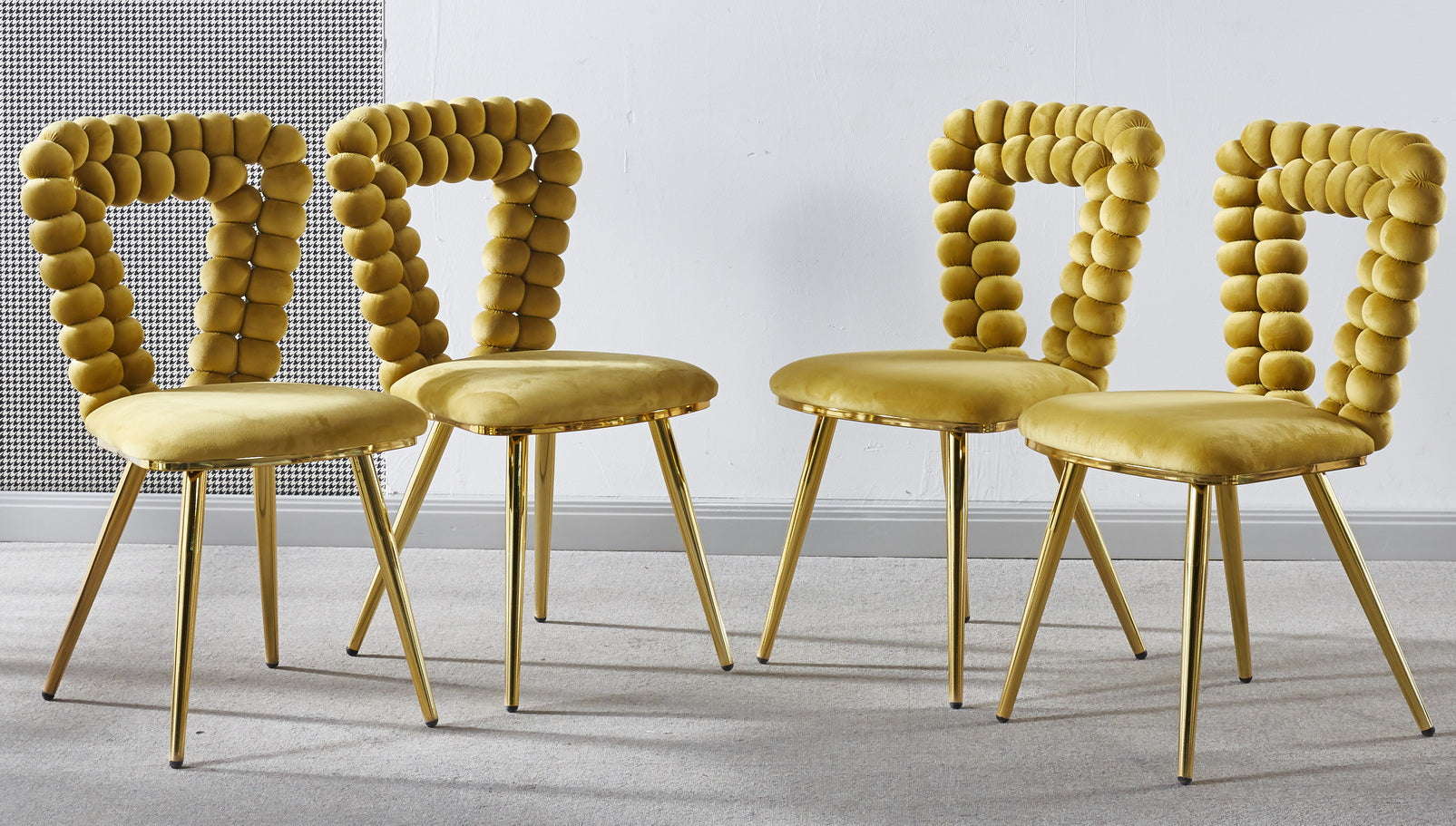 Yellow And Gold Modern Chair Set Of 4 With Iron Tube Legs, Soft Cushions And Comfortable Backrest, Suitable For Dining Room, Living Room, Cafe,Hairball Back Yellow Fabric