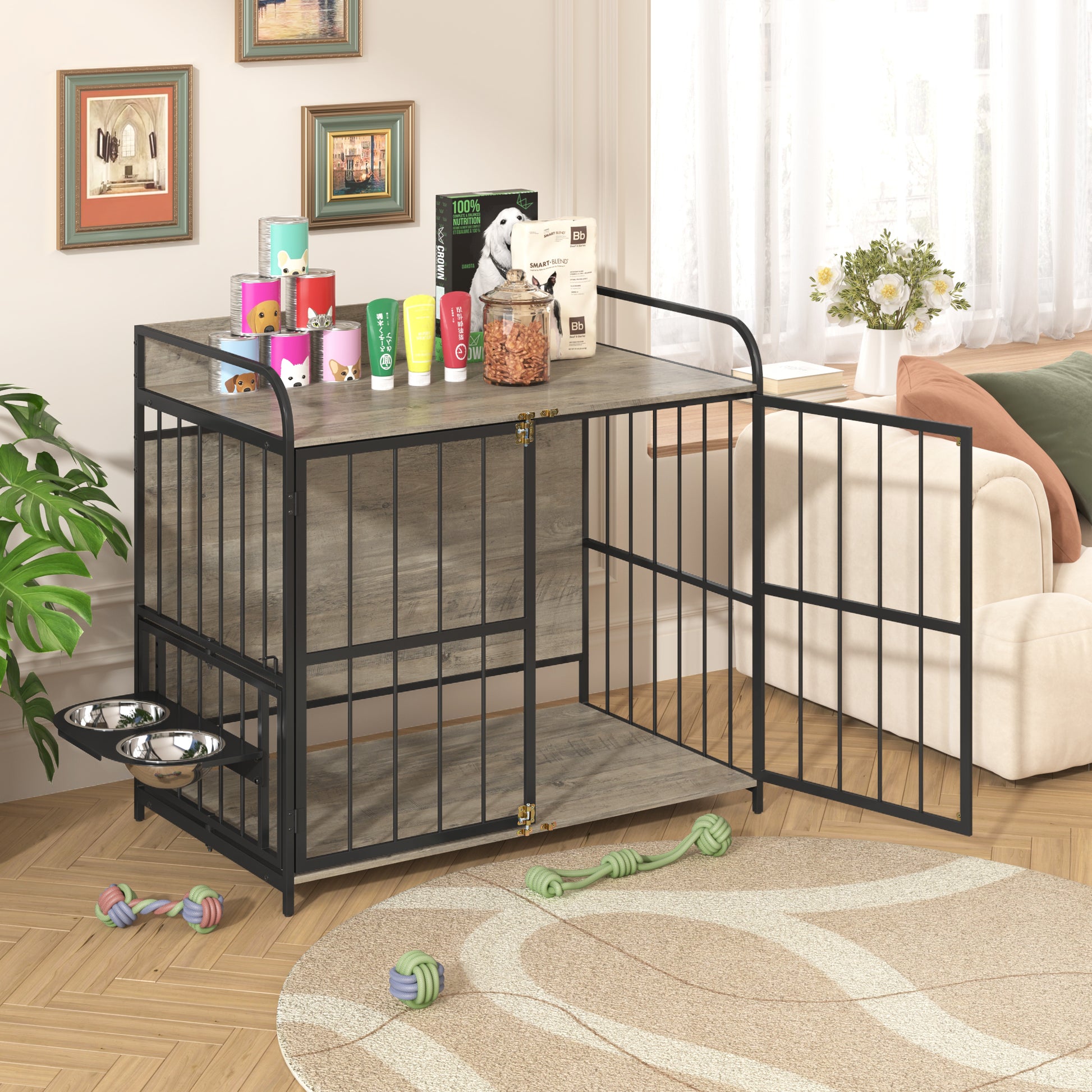 39'' Indoor Metal Dog Crate With Double Doors, Wooden Side End Table Crate, Dog Crate Furniture With Adjustable Feeder Stand, For Medium Dog, Gray Gray Dog Engineered Wood