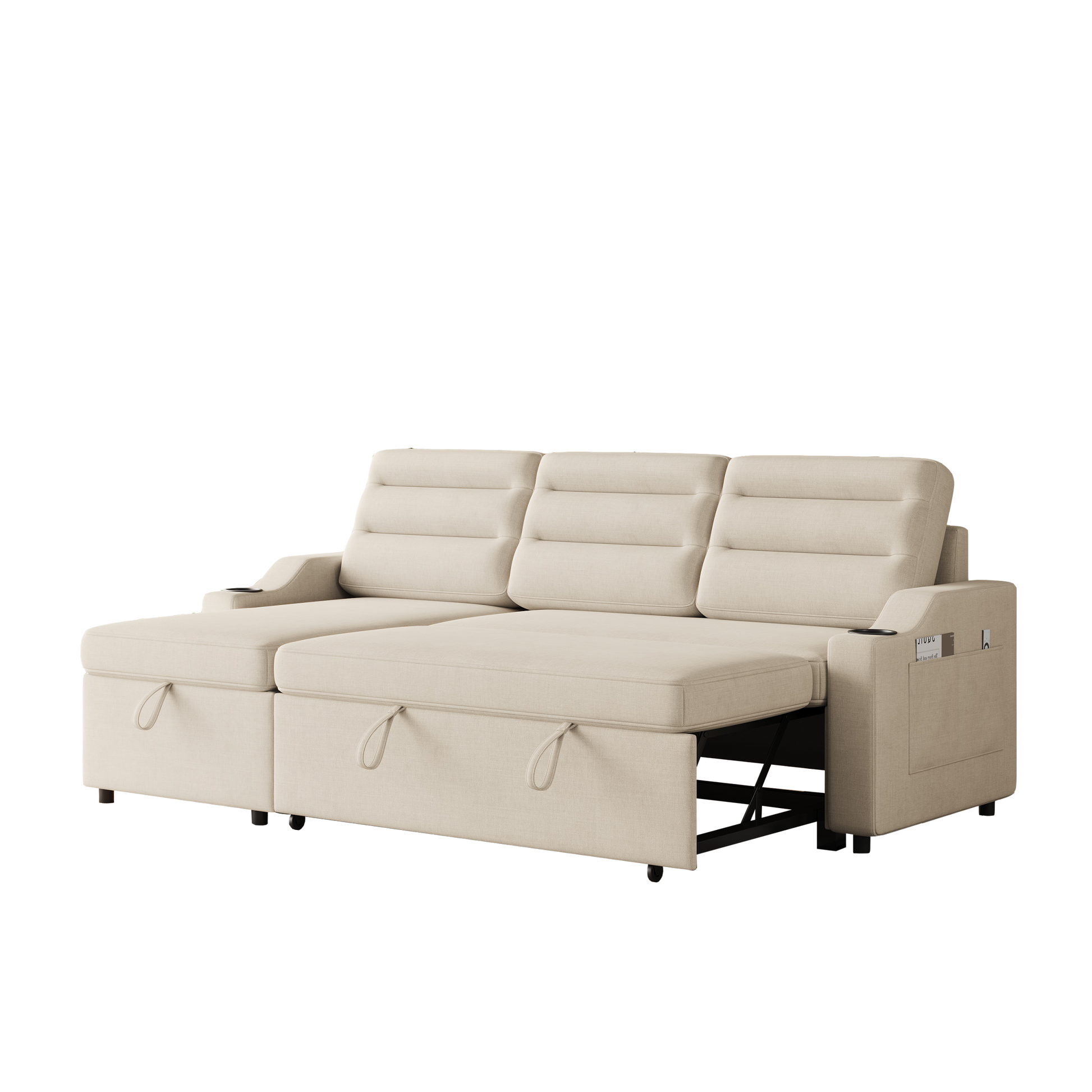 Mh83.5" Convertible Sleeper Combo Sofa, Convertible Sofa Bed Polyester Pullout Bed With Storage Recliner And Cup Holder For Living Room, Tight Spaces Beige Polyester Wood Primary Living Space Pine Foam Fabric 3 Seat