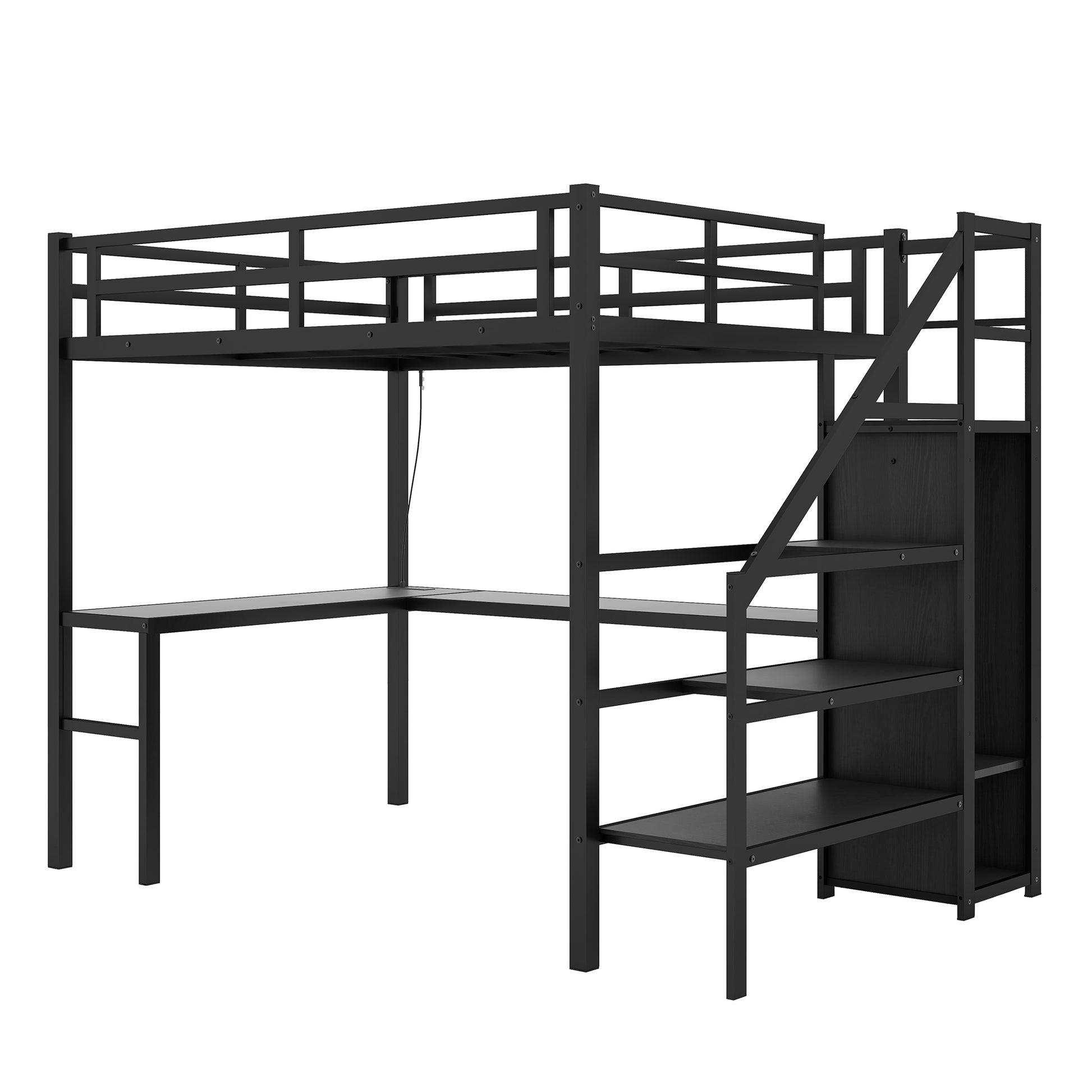 Full Size Loft Bed With L Shaped Desk And Usb, Metal Loft Bed With Wardrobe And Adjustable Shelf, High Loft Bed With Led For Kids Teens Adults, Black Black Metal