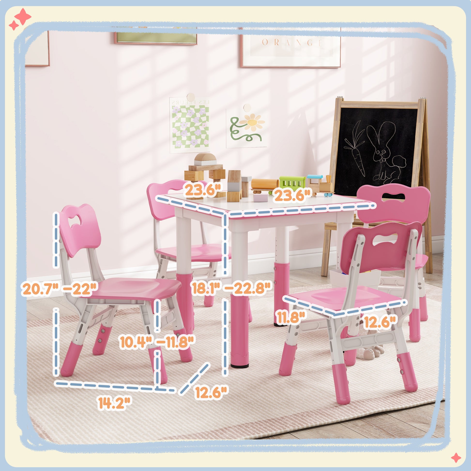 Qaba Kids Table And Chair Set, Height Adjustable 5 Piece Toddler Table And Chair Set With Storage Box, Easy To Wipe Activity Table With 4 Chairs For Ages 18 Months 5 Years, Pink Pink Mdf Metal