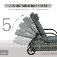 Outsunny Wicker Outdoor Chaise Lounge, 5 Level Adjustable Backrest Pe Rattan Pool Lounge Chair With Wheels, Cushion & Headrest, Mixed Gray And Charcoal Gray Gray Rattan Metal