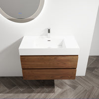 36" Wall Mounted Bathroom Vanity With Resin Sink, 2 Soft Close Drawers, Kd Package 2 Brown Oak Bathroom Wall Mounted Modern Plywood