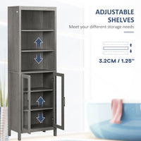 Kleankin Tall Bathroom Storage Cabinet With 3 Tier Shelf, Glass Door Cabinet, Freestanding Linen Tower With Adjustable Shelves, Grey Wood Grain Gray Particle Board