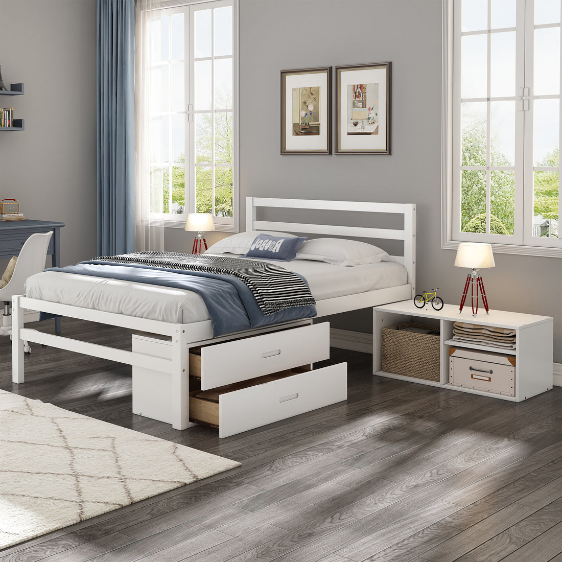 Full Size Wood Platform Bed With Removable Storage Shelves, Built In Two Storage Drawers For Added Convenience, White Full White Wood