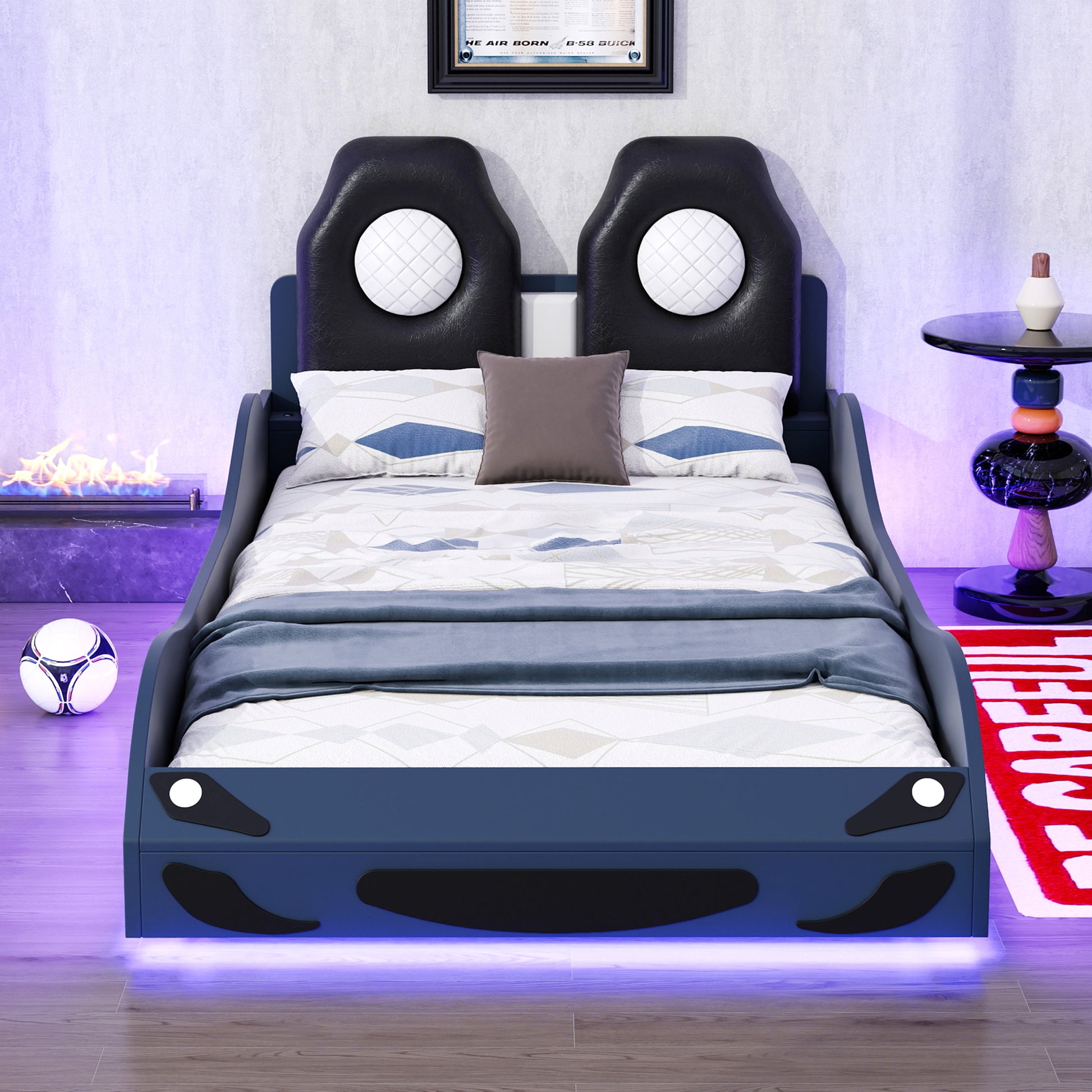 Wood Twin Size Race Car Shaped Platform Bed With Led And Upholstered Backrest, Blue Expected Arrival Time: 10.28 Box Spring Not Required Twin Blue Wood Faux Leather,Solid Wood Mdf