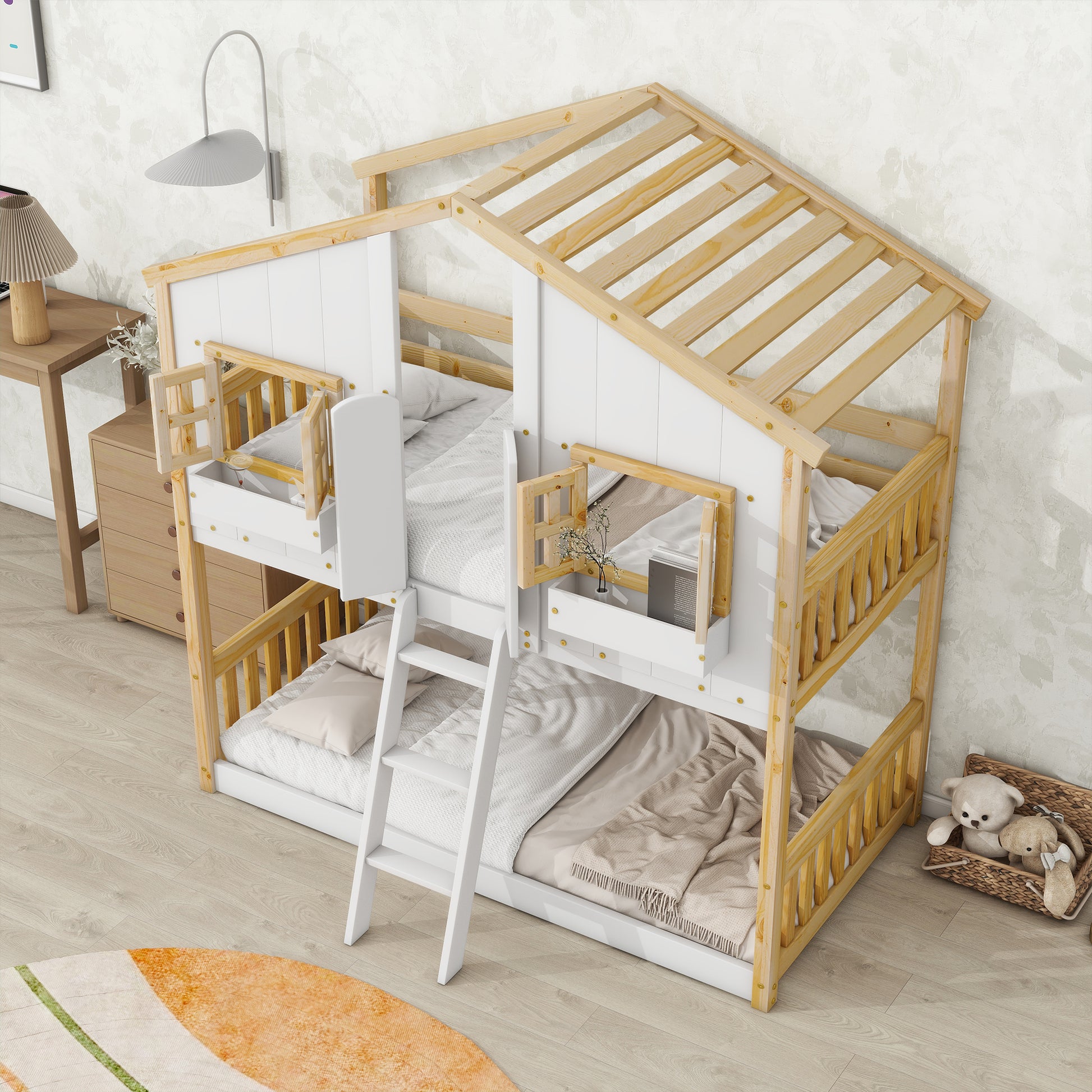 Twin Over Twin House Bunk Bed With Roofwindow, Window Box, Doorwith Safety Guardrails And Ladder, Natural White Twin Natural White Pine