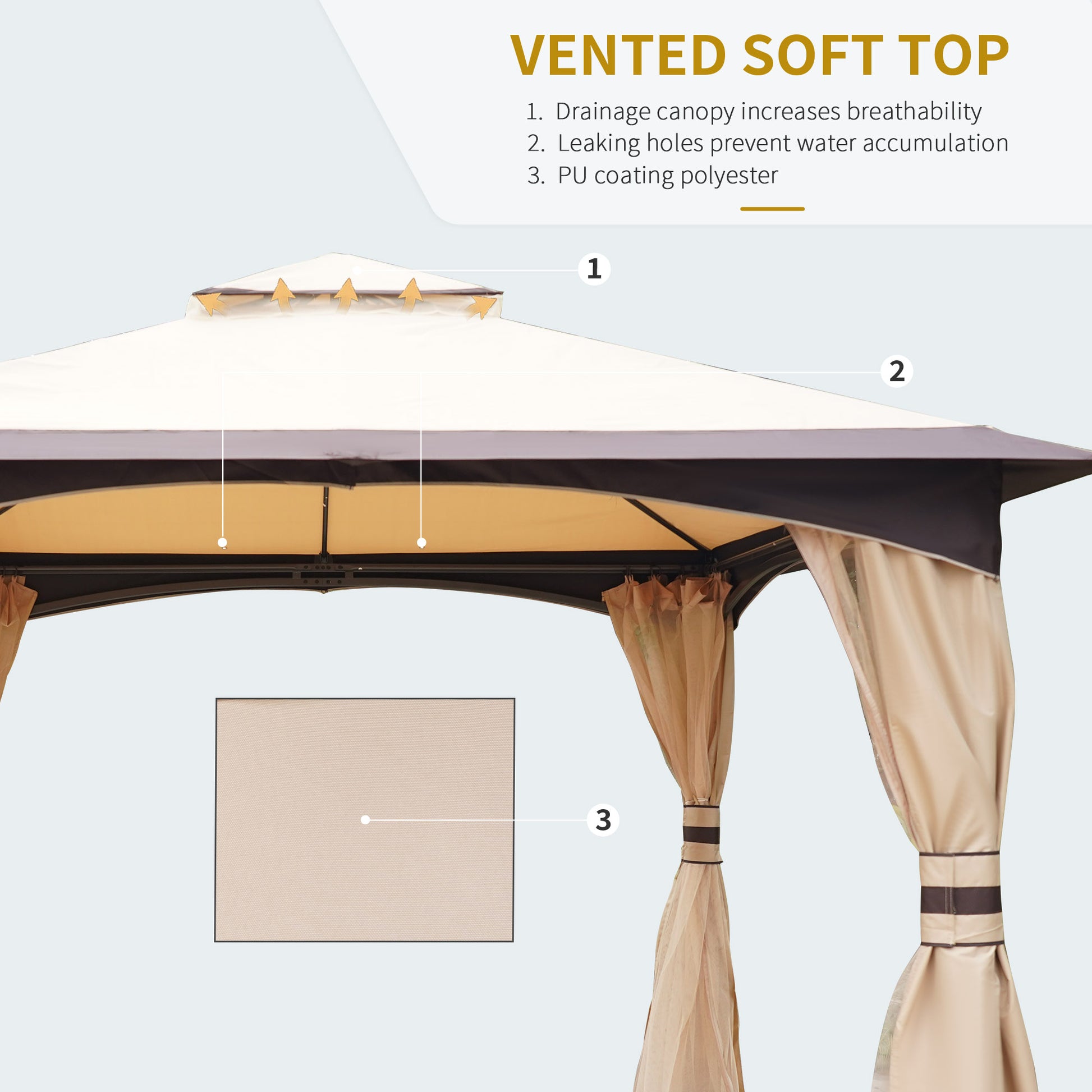 Outsunny 10' X 12' Outdoor Gazebo With Netting And Curtains, Patio Gazebo Canopy With 2 Tier Soft Top Roof And Steel Frame For Lawn, Garden, Backyard And Deck Beige Brown Steel