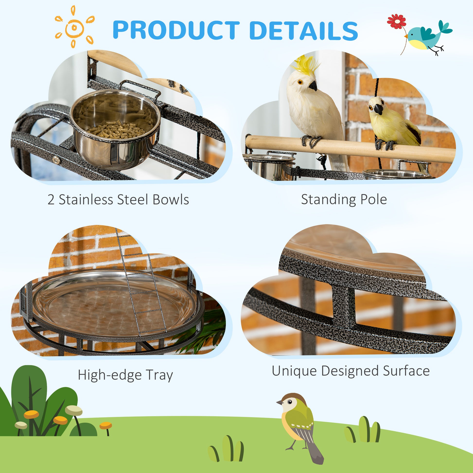 Pawhut Parrot Stand Large Bird Perch Stand With Toy Hook & 3 Ladders, Parrot Perch With Easy Grip, Bird Wooden Stand, Gray Gray Steel