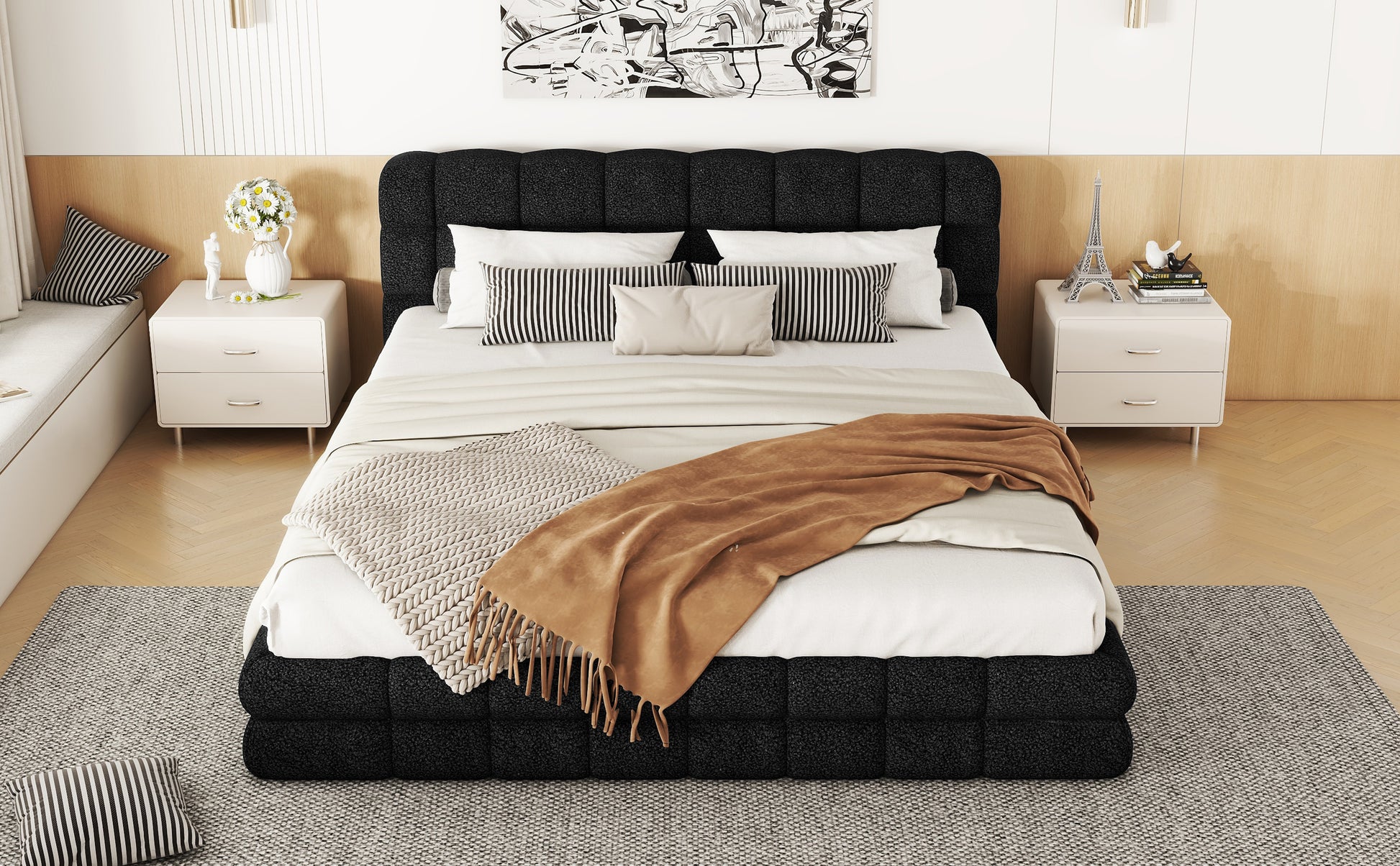 Queen Size Upholstered Platform Bed, Black Box Spring Not Required Queen Black Wood Bedroom Bed Frame Upholstered