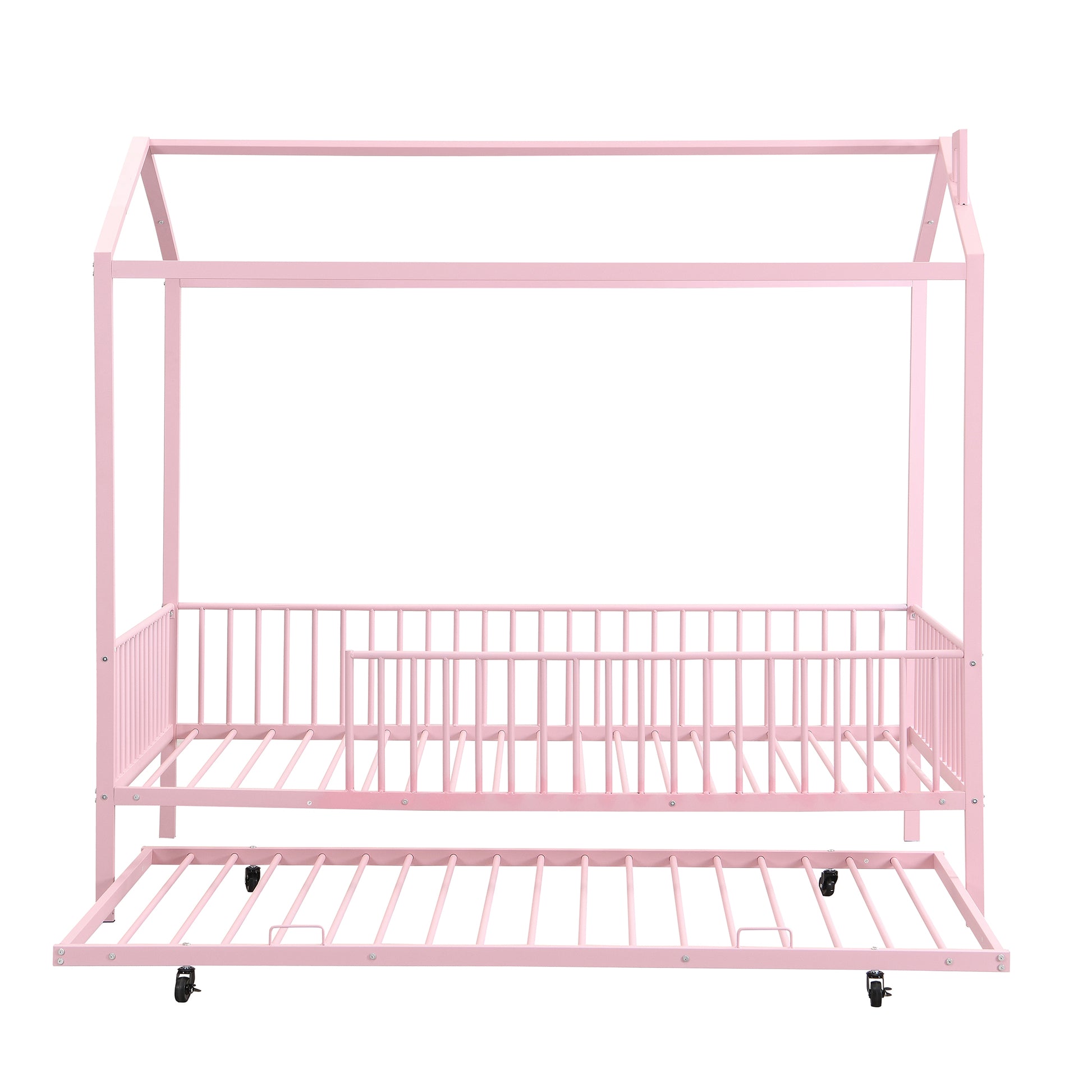 Twin Size Metal House Bed With Fence, With Trundle, Pink Expected Arrival Time: 10.18 Twin Pink Metal