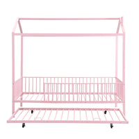 Twin Size Metal House Bed With Fence, With Trundle, Pink Expected Arrival Time: 10.18 Twin Pink Metal