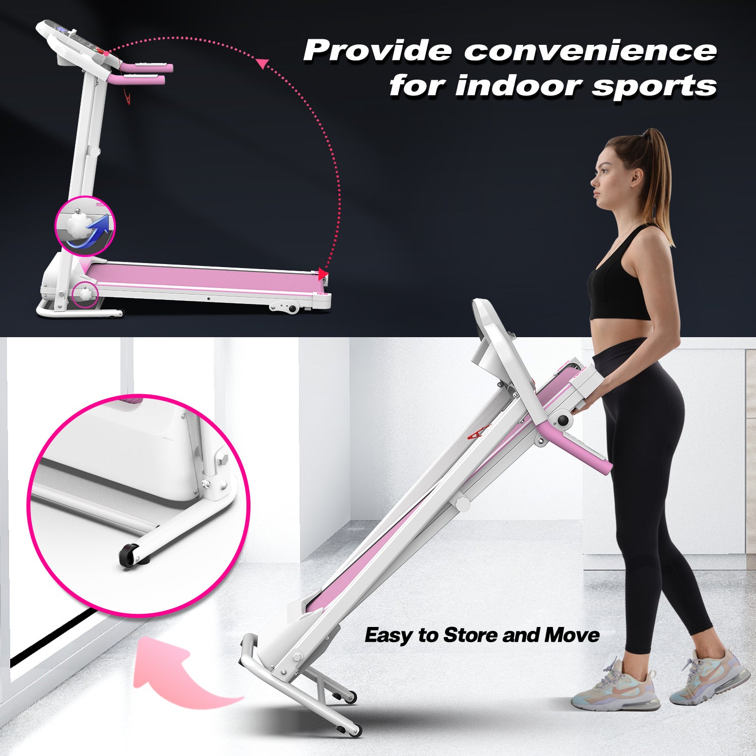 Foldable Treadmill 2.5Hp Electric Folding Treadmill Running Walking Machine For Home Gym, Max 265 Lbs Weight Capacity Pink White Steel