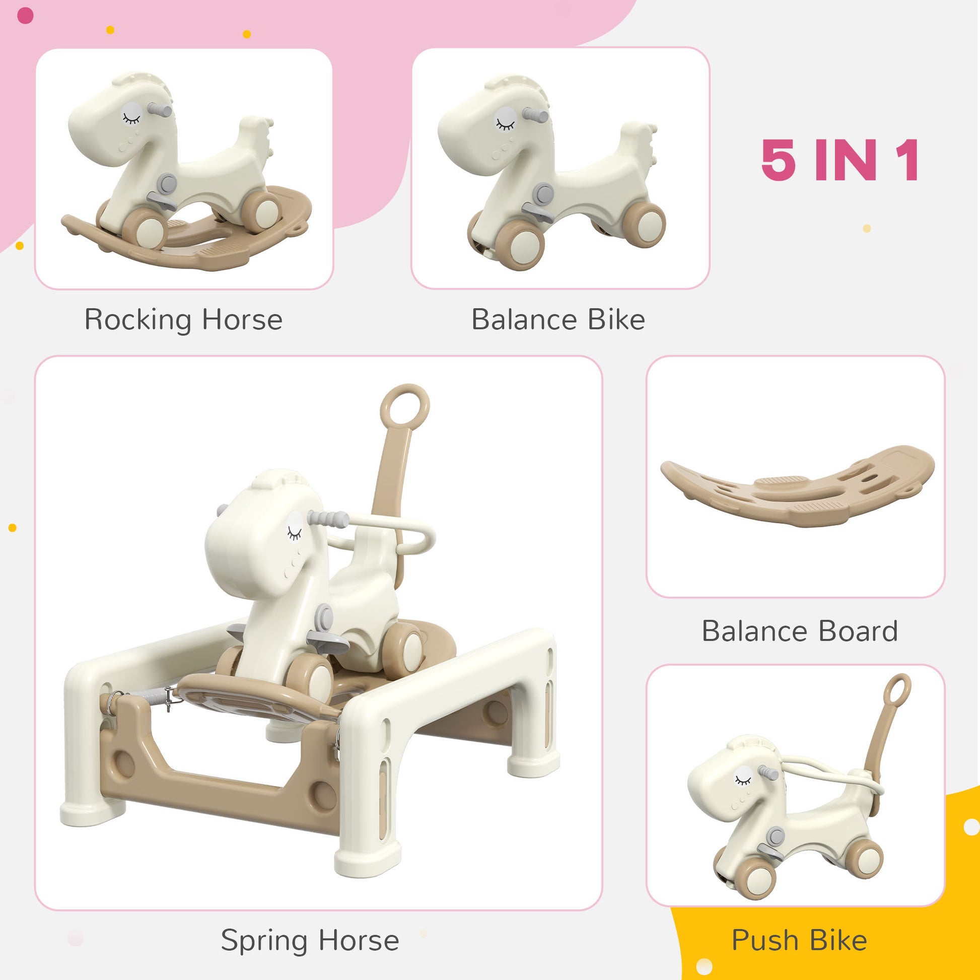 Qaba 5 In 1 Rocking Horse For Toddlers Years 1 6, Kids Spring Ride On Horse Balance Bike With Detachable Balance Board, Push Handle & Footrest For Baby Boys And Girls, Cream White Cream White Hdpe