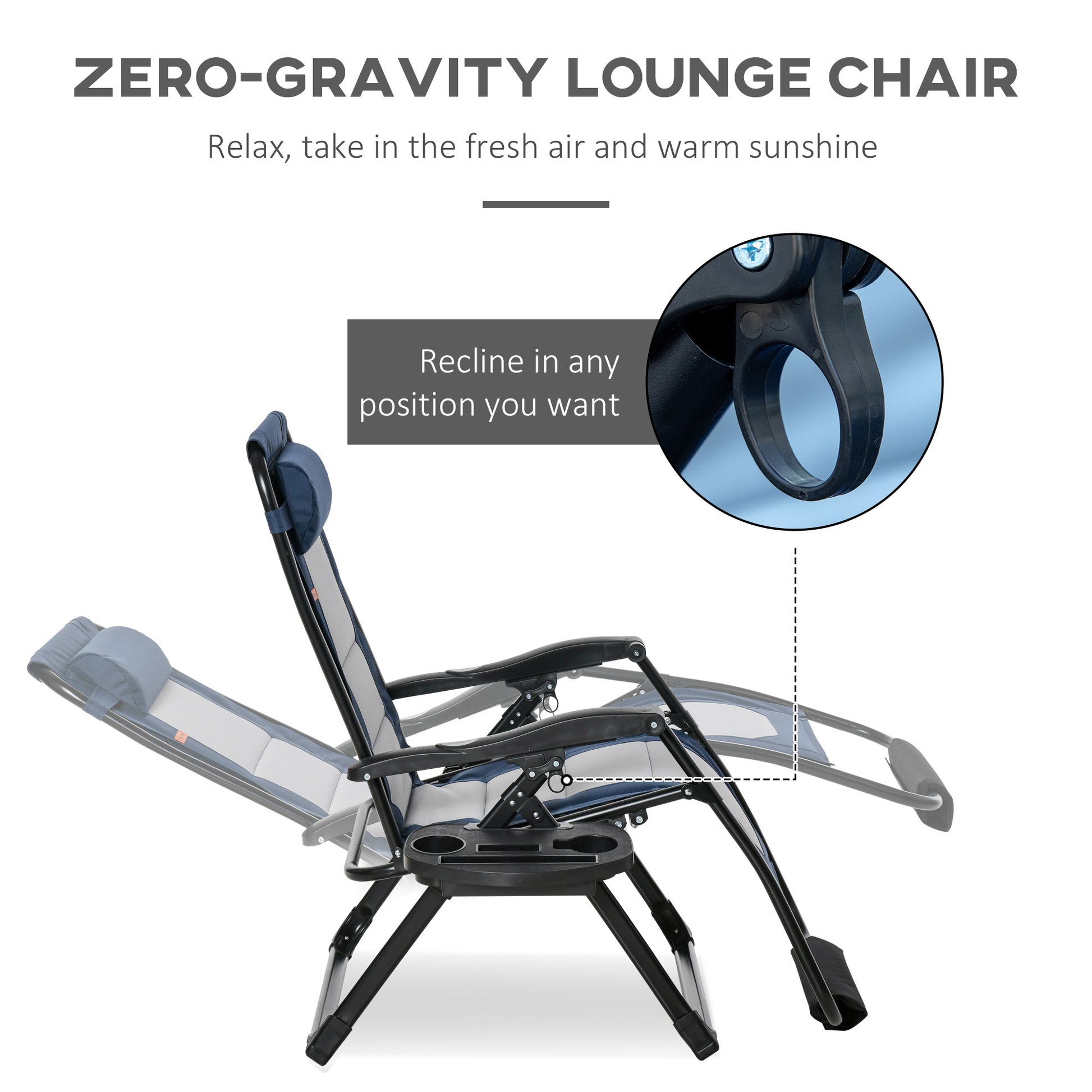 Outsunny Foldable Outdoor Lounge Chair With Footrest, Oversized Padded Zero Gravity Lounge Chair With Headrest, Side Tray, Cup Holders, Armrests For Camping, Lawn, Garden, Blue Blue Steel