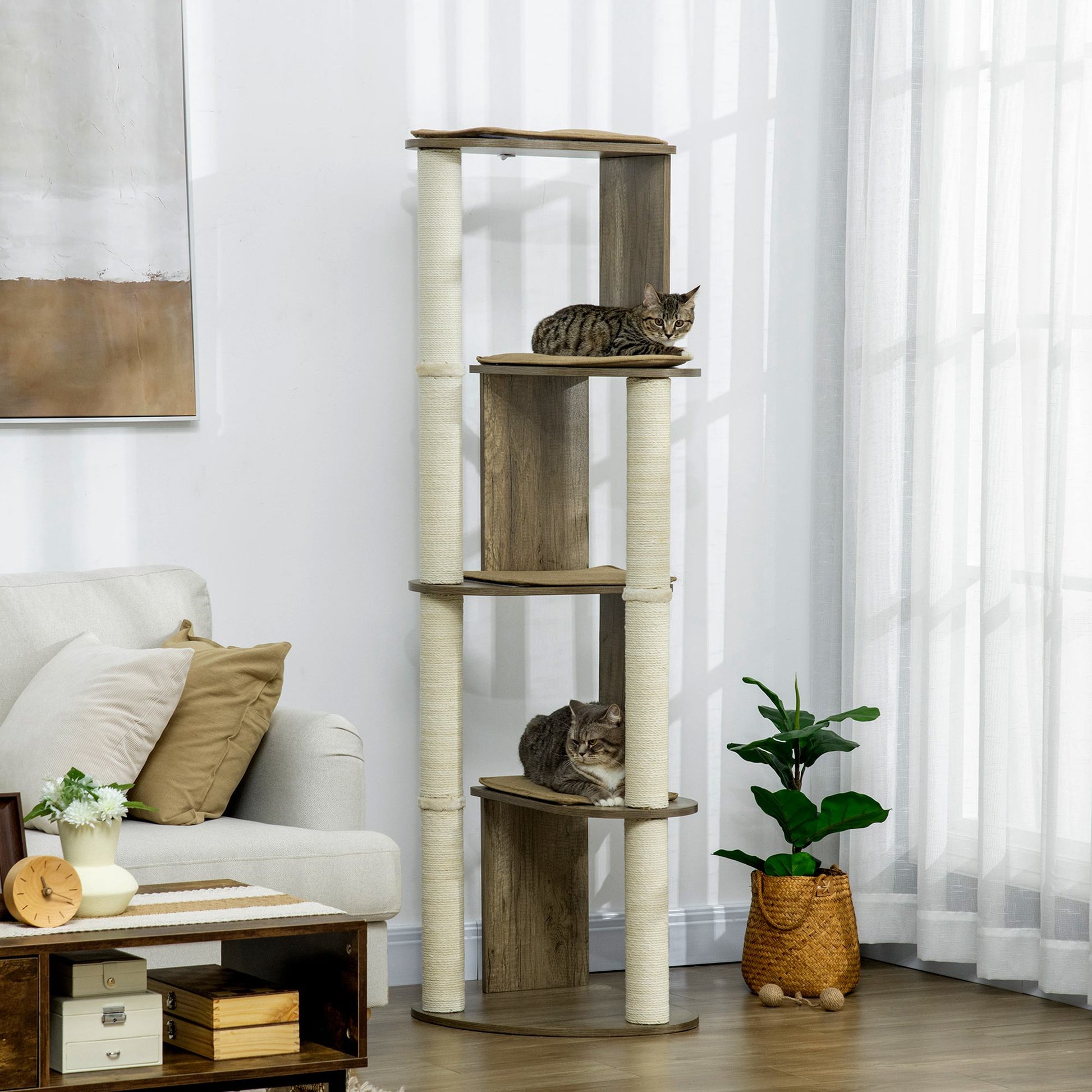 Pawhut 65" Corner Modern Cat Tree Tall For Climbing, Large Multilevel Cat Tower With Scratching Posts, Small Fit Kitten Tower With Sisal, Cream White Cream White Particle Board