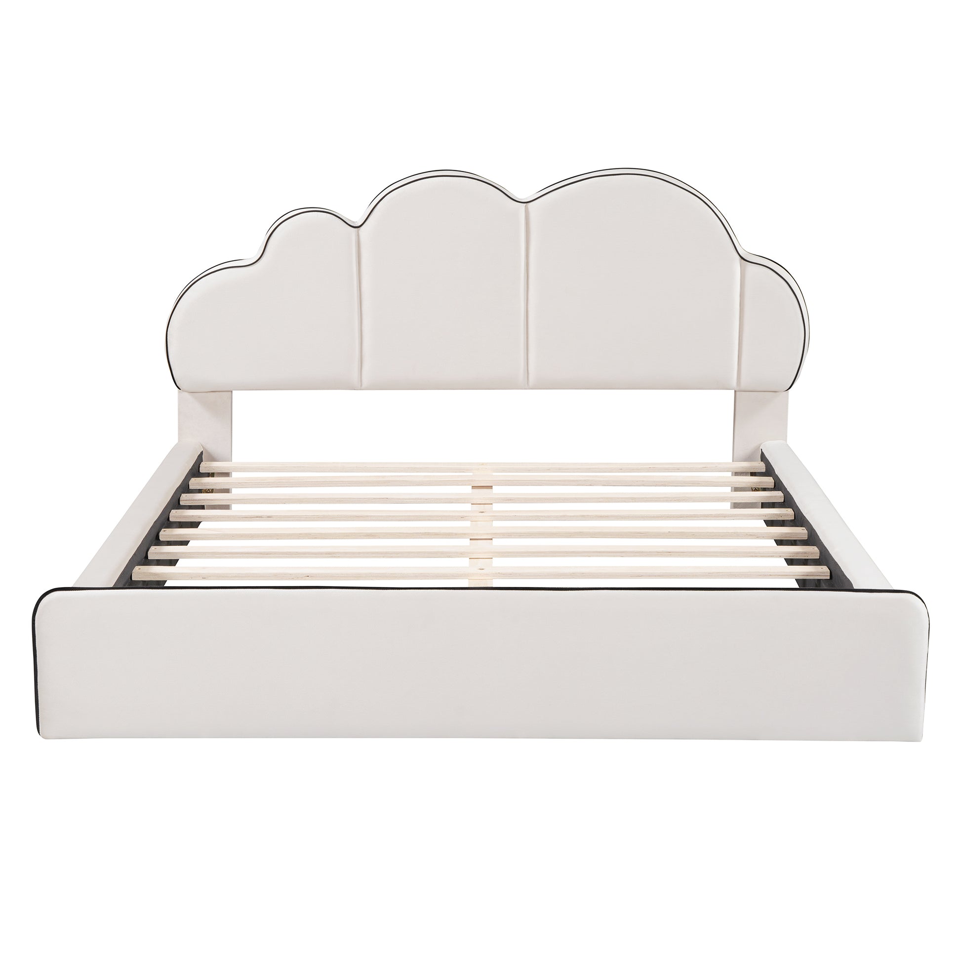 Queen Size Upholstered Platform Bed With Cloud Shaped Headboard, Beige Queen Beige Velvet