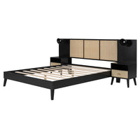 Queen Size Solid Wood Bed Frame With 2 Nightstands, Elegant Design With Lamps, Rattan And Wood Combination,Black Queen Black Wood