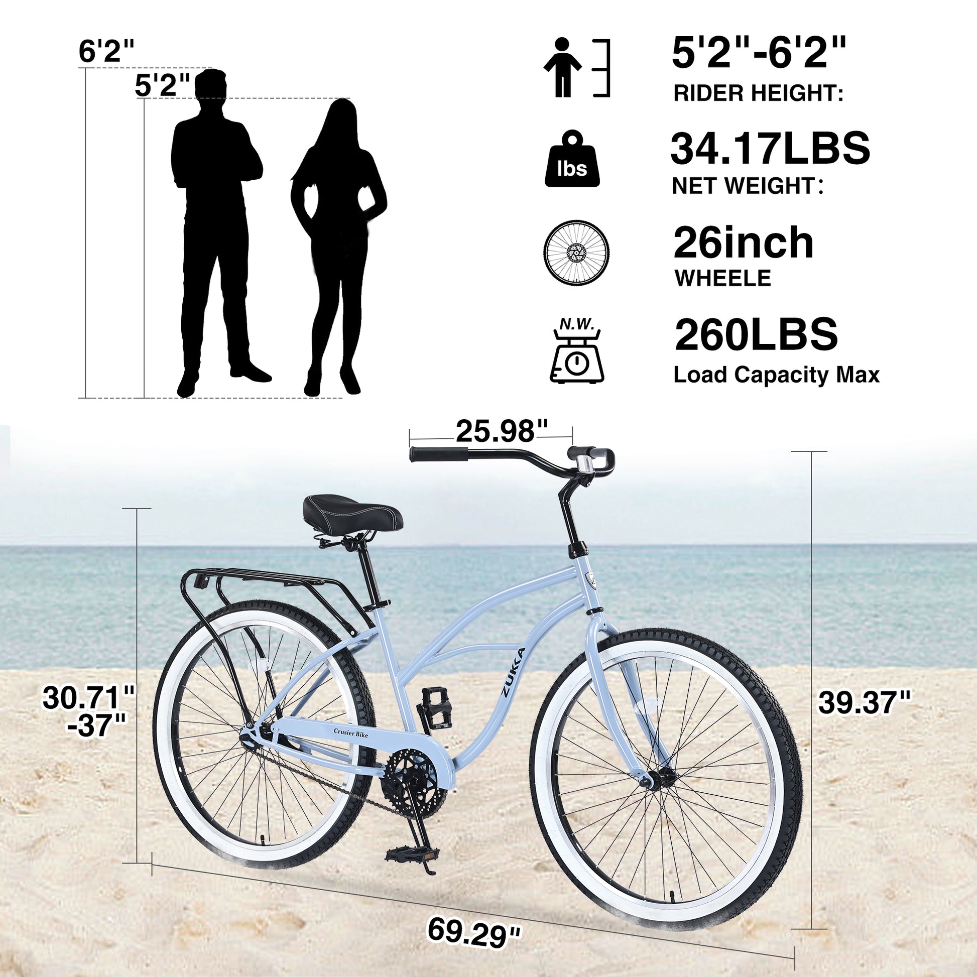 Single Speed Bicycles 26"Inch,Steel Frame, Wide Wheels For Stability, Rear Coaster Brakes,Multiple Colorswomen'S Beach Cruiser Bike Cycling Blue Garden & Outdoor Steel