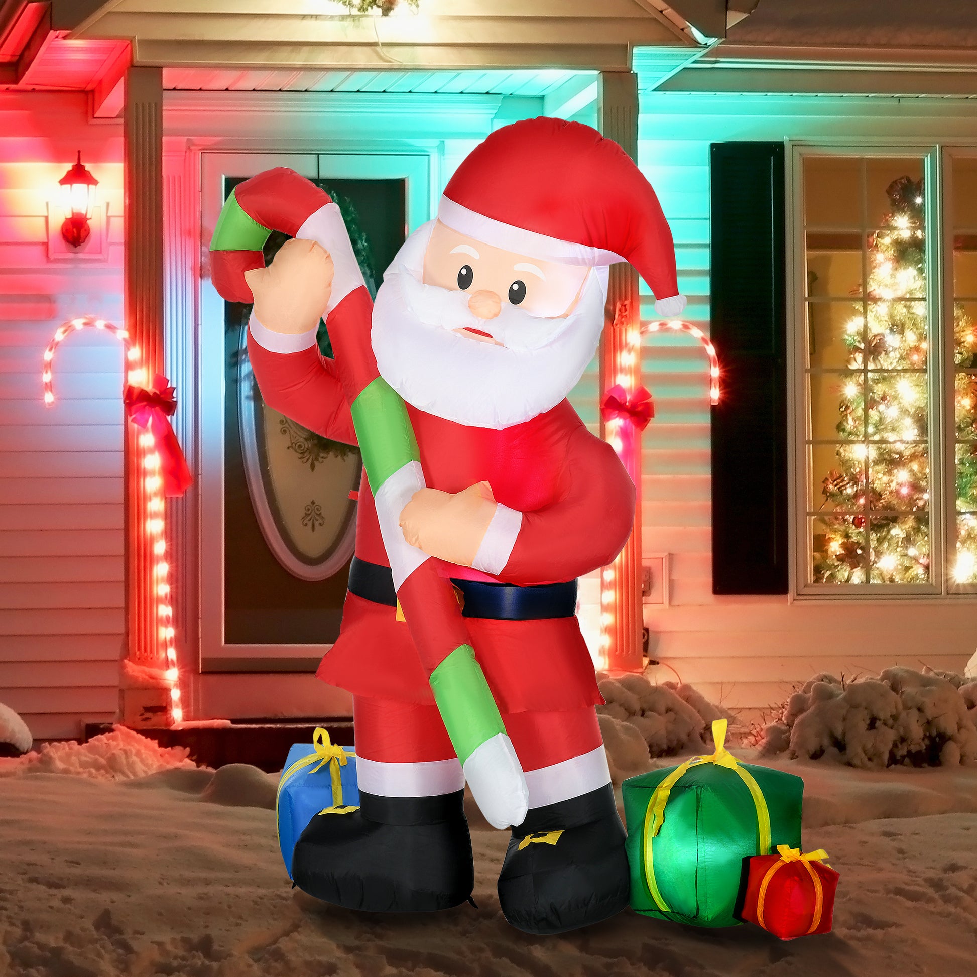 Homcom 6Ft Christmas Inflatables Outdoor Decorationss Decorations Santa Claus With Candy Cane, Blow Up Led Yard Christmas Decor Multicolor Polyester