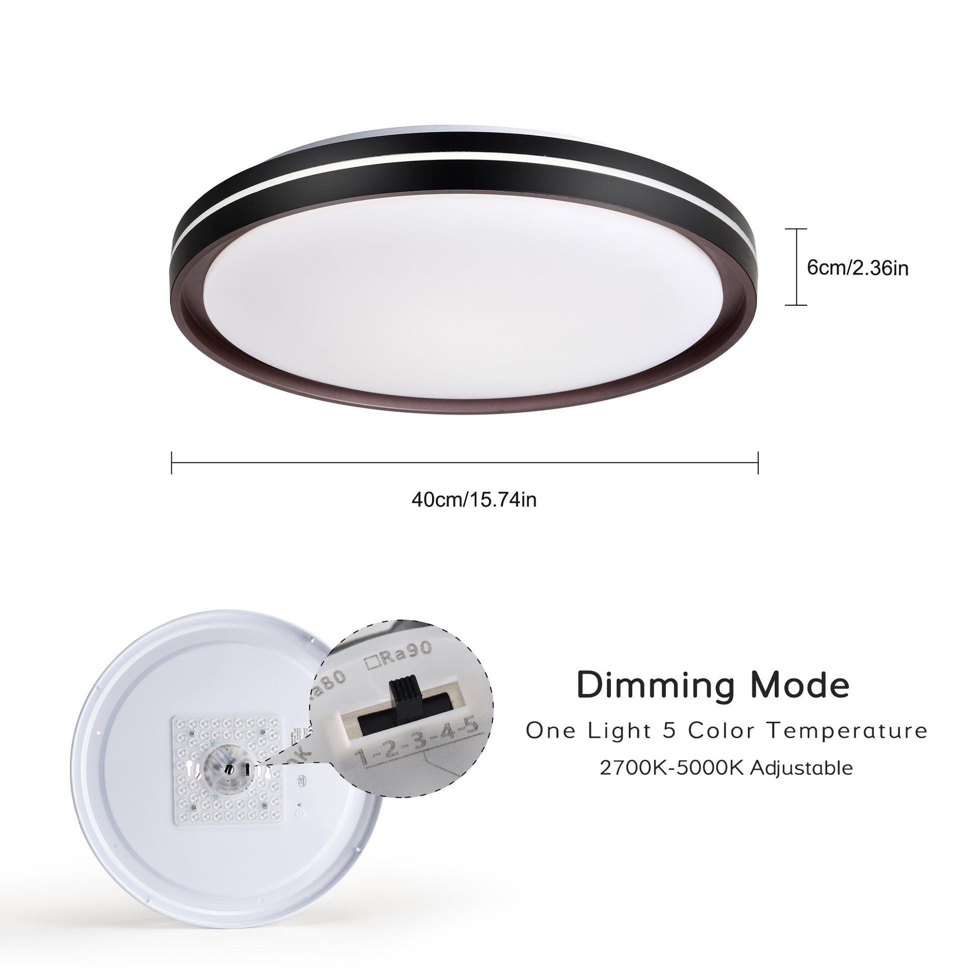 15.75In Led Ceiling Light Fixture 24W,2400Lm, 5 Cct Colors 2700K 3000K 3500K 4000K 5000K, Dimmable Modern Light Fixture For Bedroom Bathroom Hallway Black White American Design,Modern Acrylic